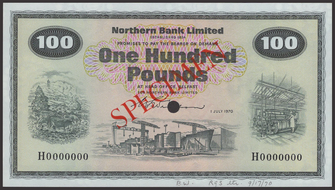 Northern Bank Limited, colour trial £100, 1 July 1970, serial number