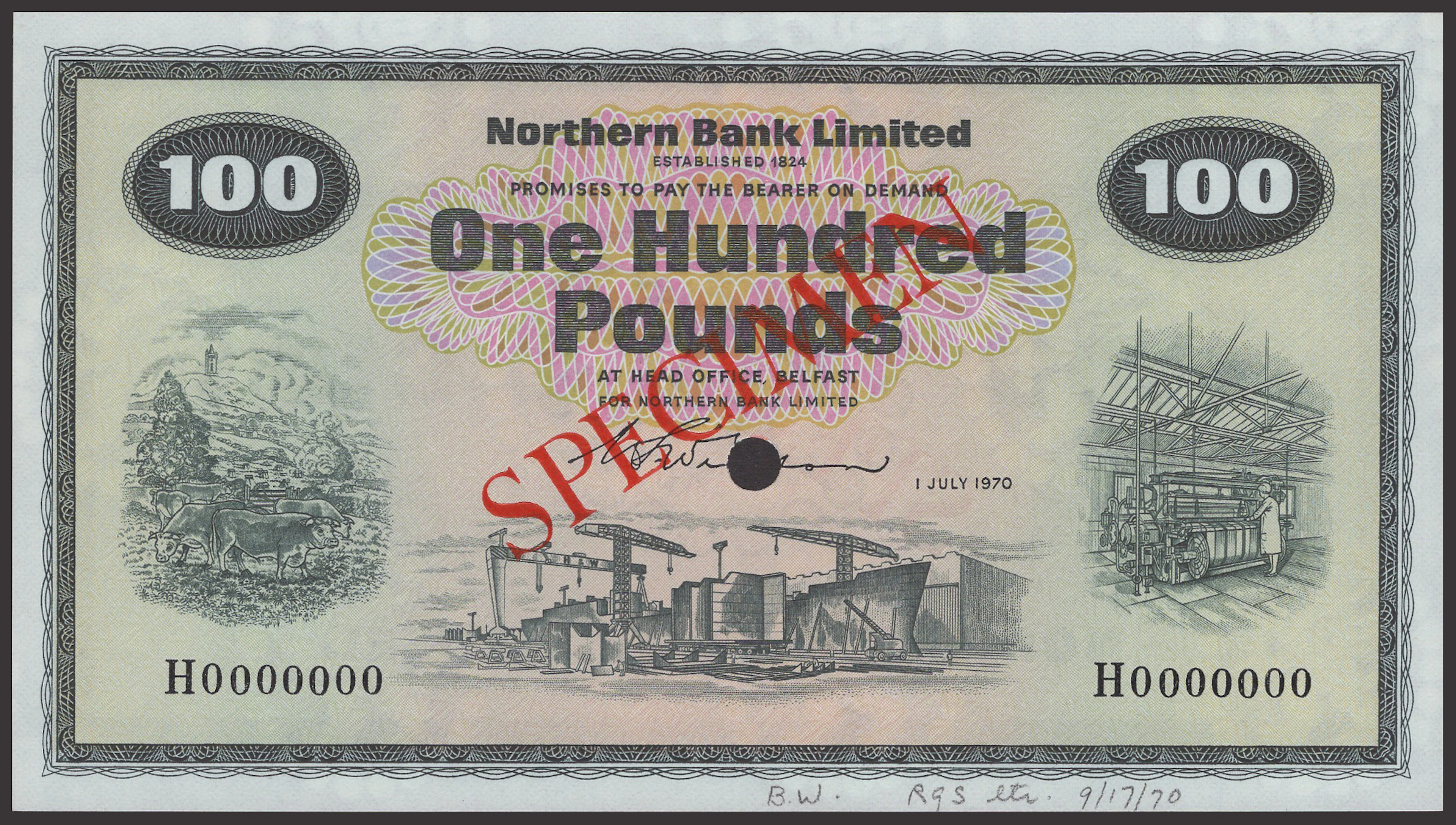 Northern Bank Limited, colour trial £100, 1 July 1970, serial number
