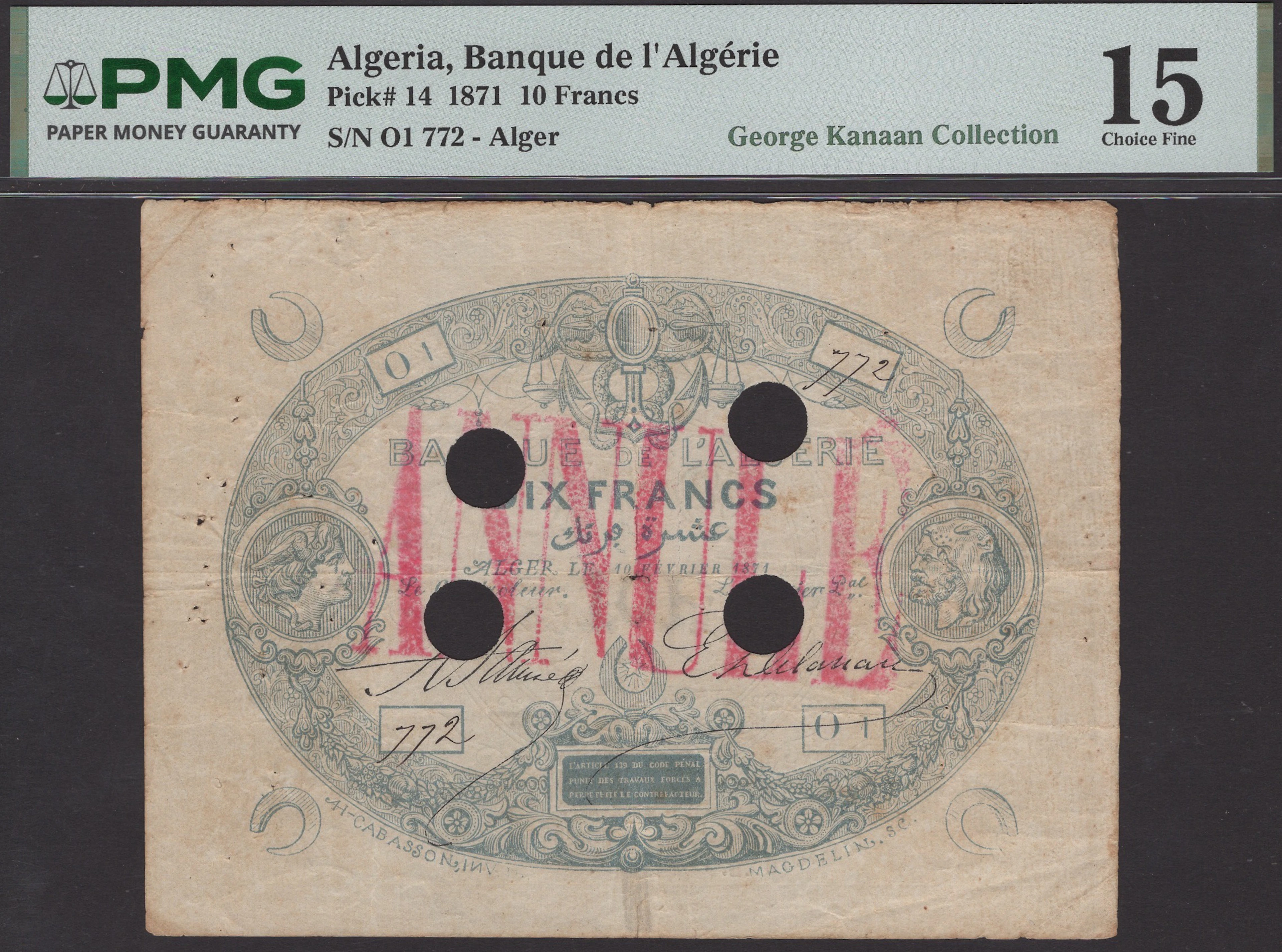 Banque de l’Algerie, cancelled 5 Francs, 10 February 1871, serial
