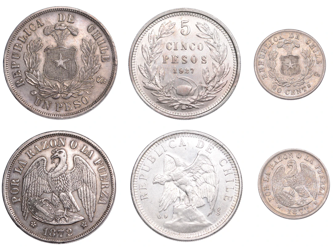 Chile, Republic, 5 Pesos, 1927, Peso, 1872, 20 Centavos, 1877, all