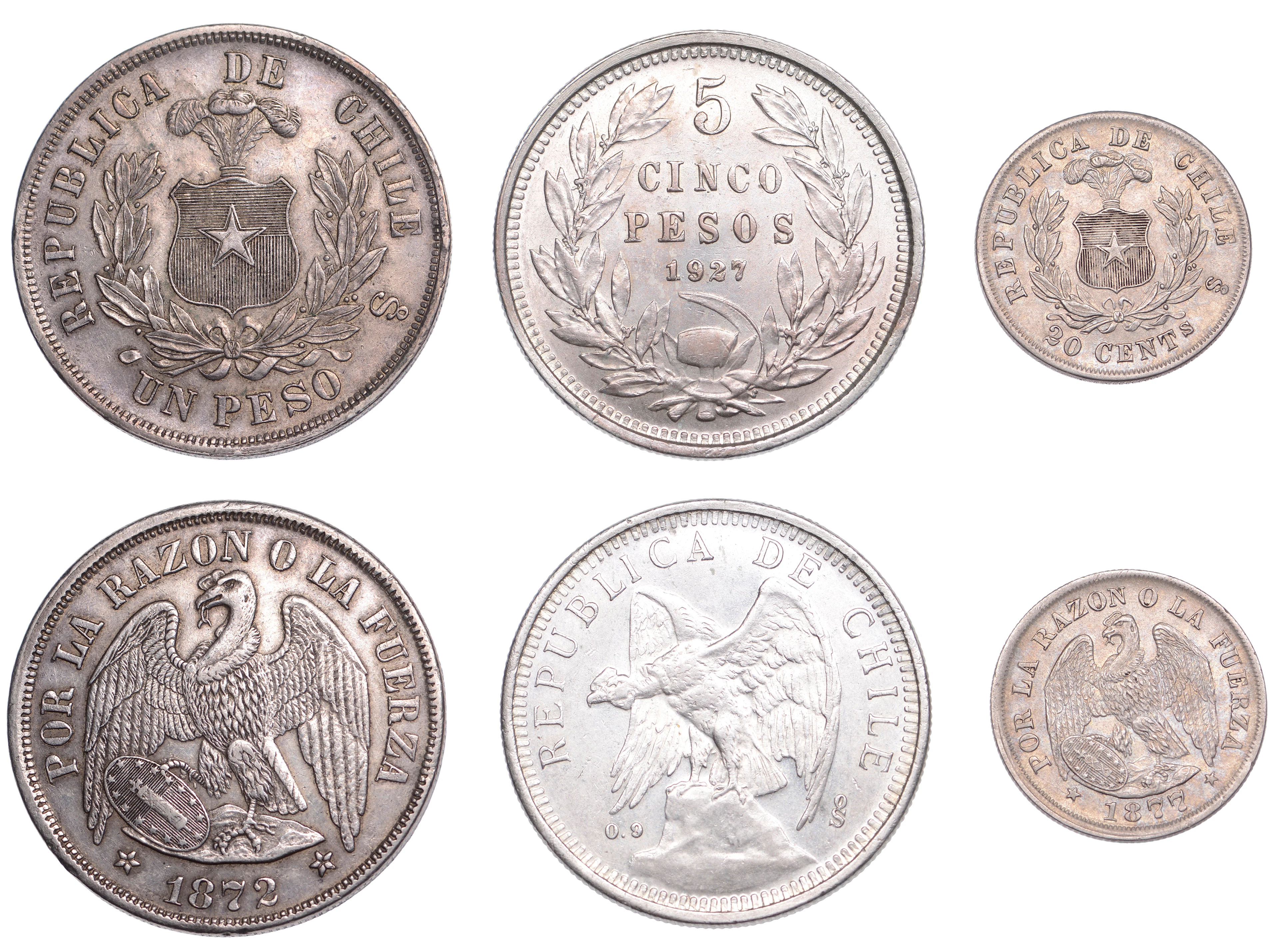 Chile, Republic, 5 Pesos, 1927, Peso, 1872, 20 Centavos, 1877, all