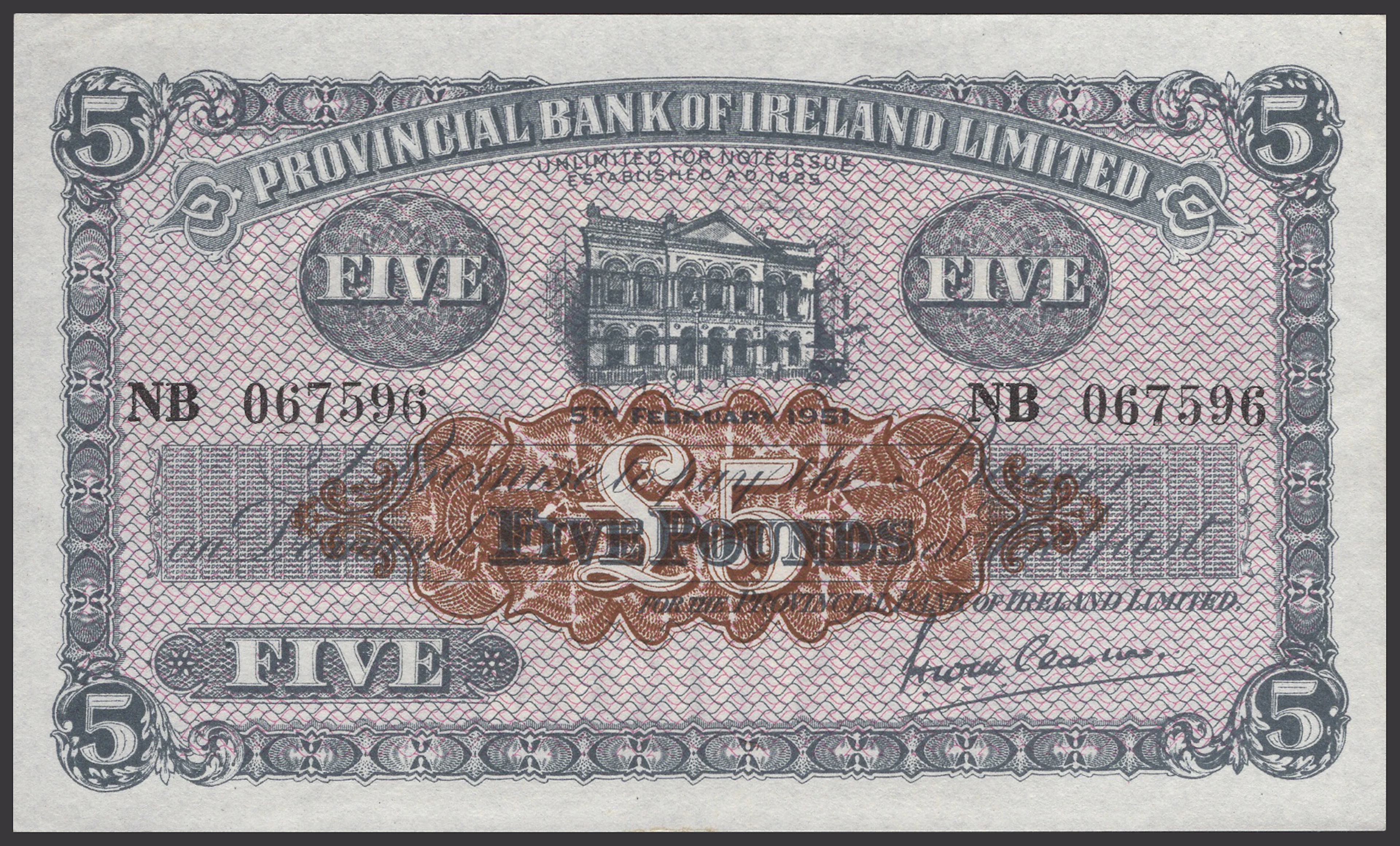 Provincial Bank of Ireland Ltd, £5, 5 February 1951, serial number