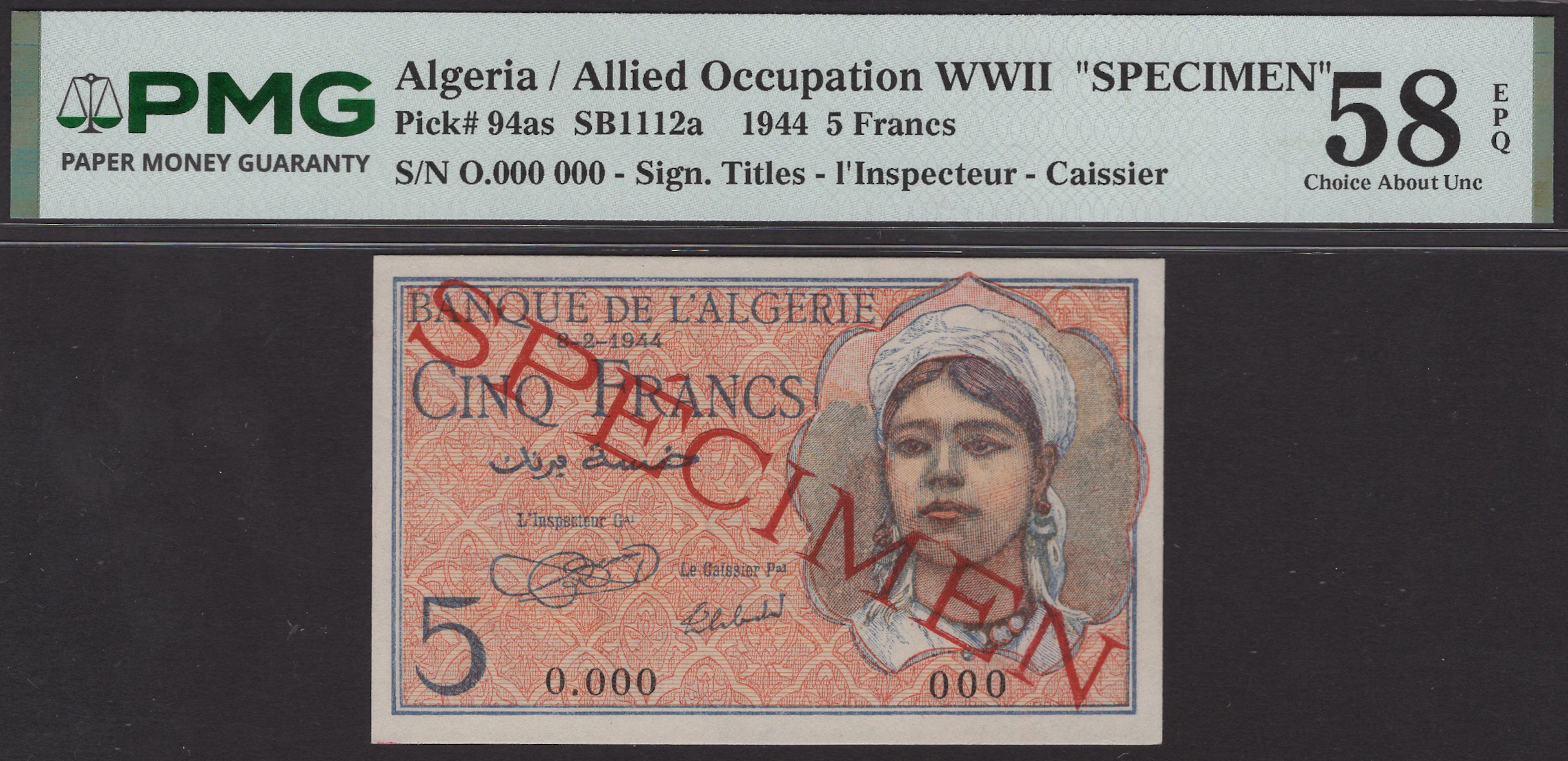 Banque de l’Algerie, specimen 5 Francs, 8 February 1944, serial number