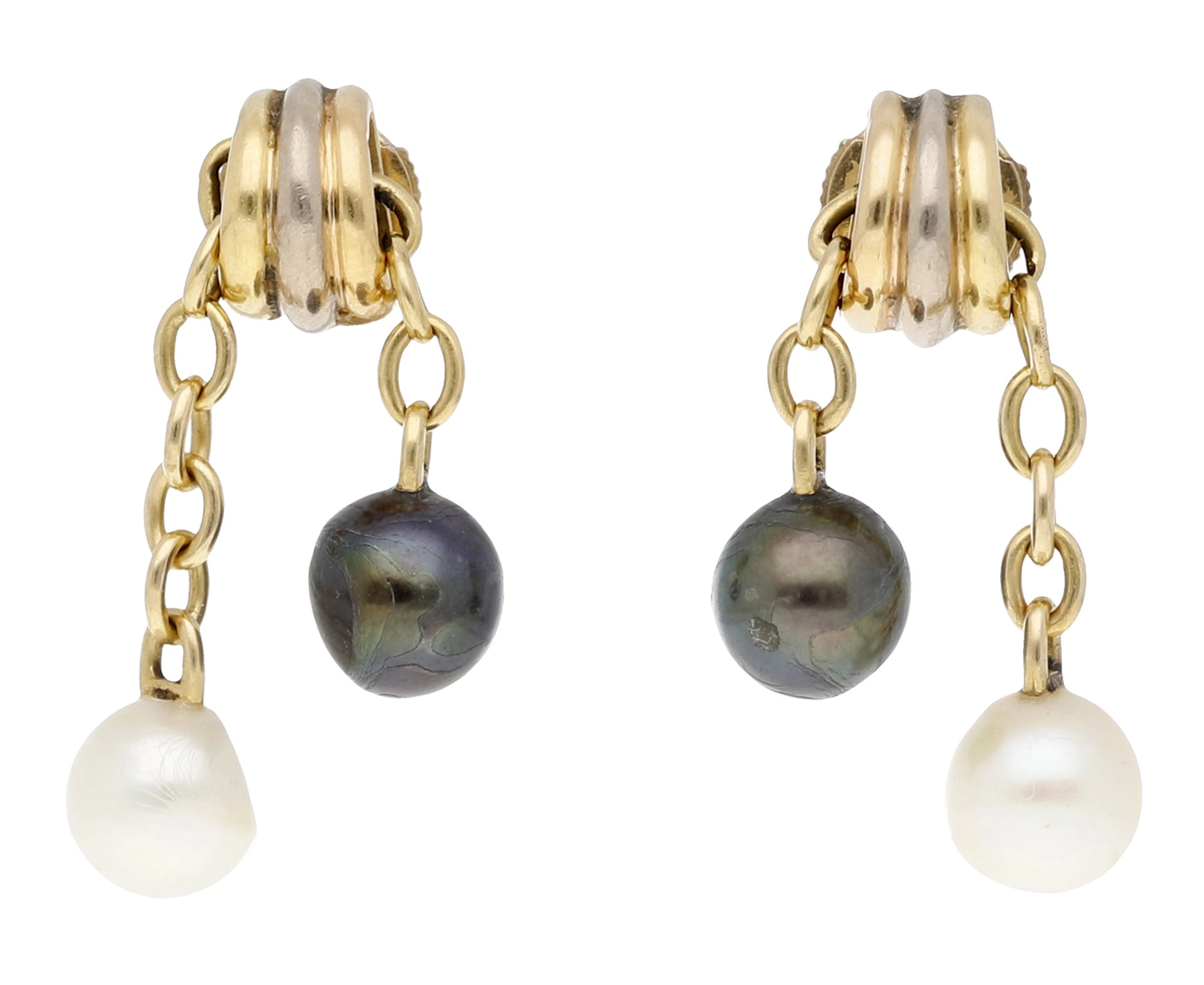 A pair of cultured pearl earrings by Cartier, the ‘Trinity’ surmounts