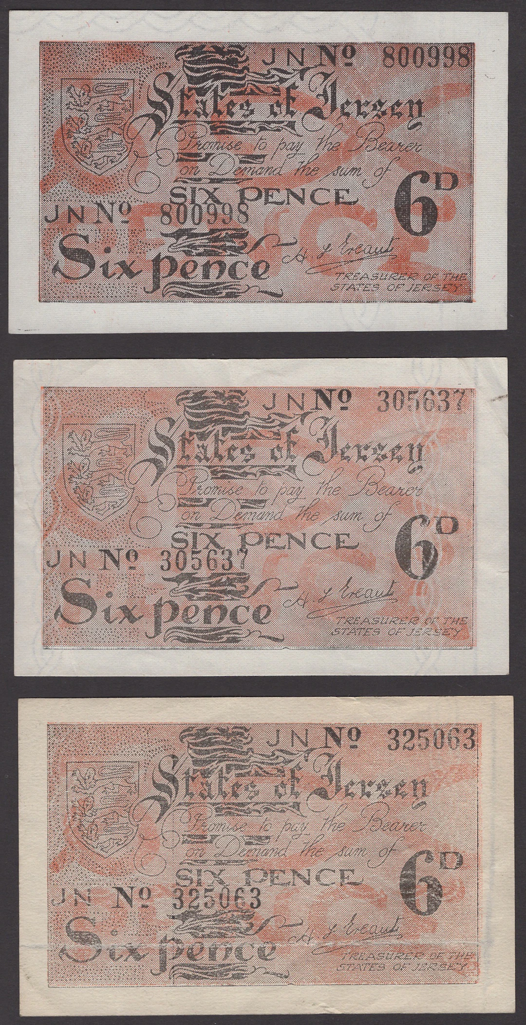 States of Jersey, 6 Pence (3), ND (1942), serial numbers JN800998