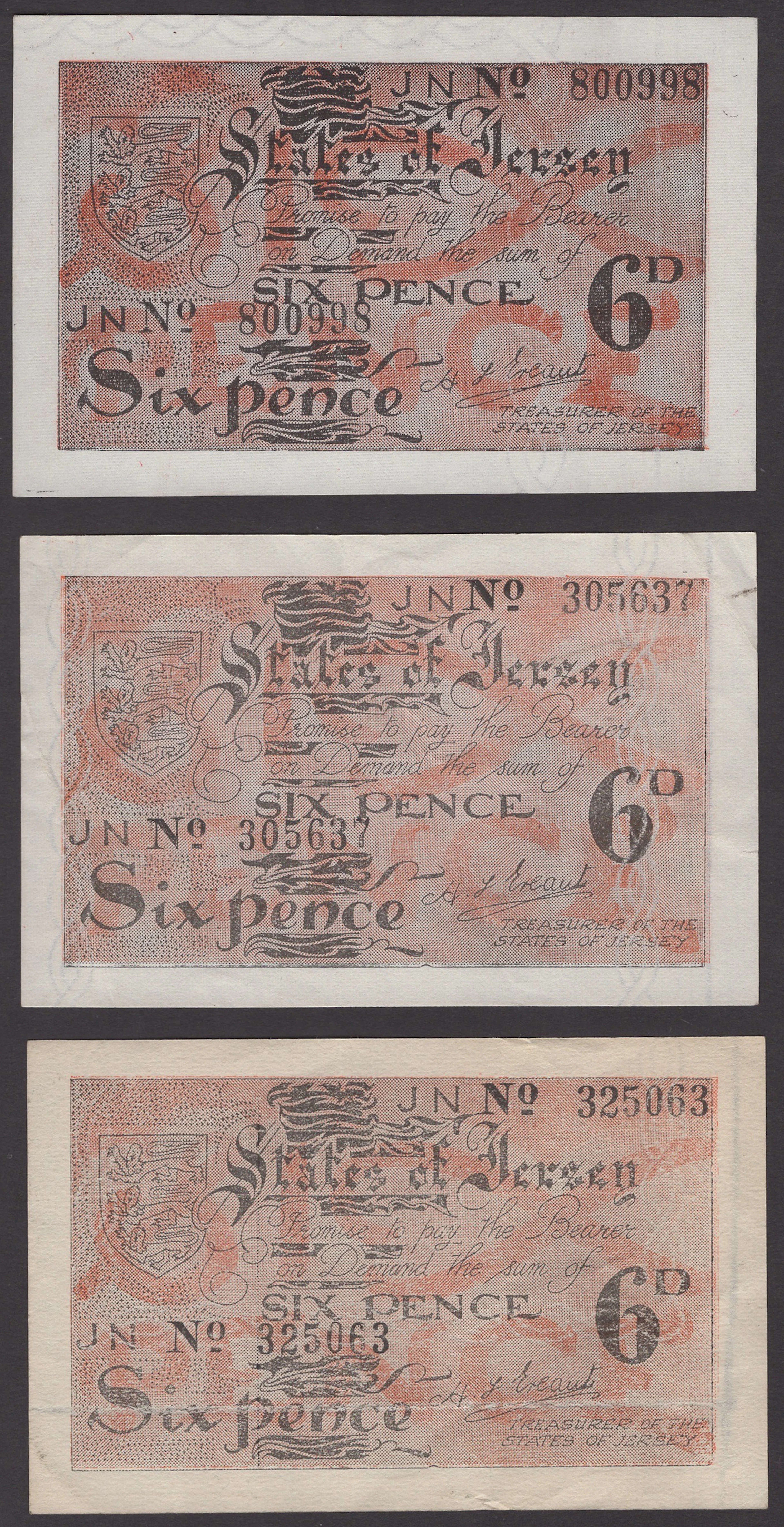 States of Jersey, 6 Pence (3), ND (1942), serial numbers JN800998