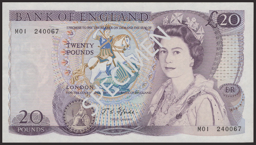 Bank of England, John S. Fforde, replacement £20, 9 July 1970, serial