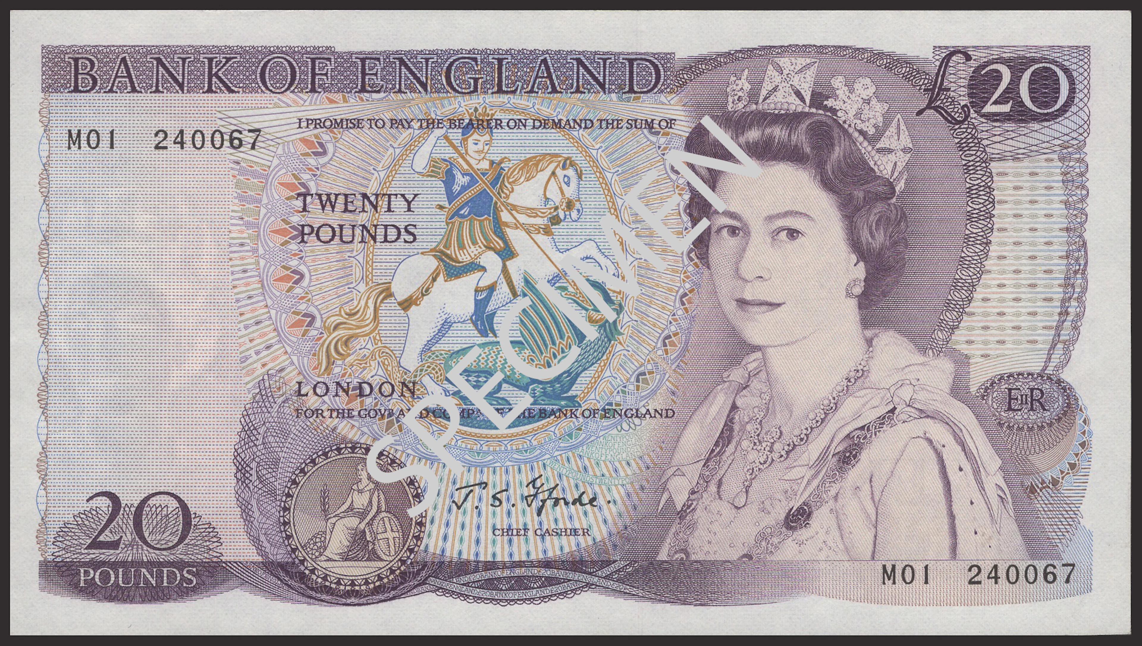 Bank of England, John S. Fforde, replacement £20, 9 July 1970, serial