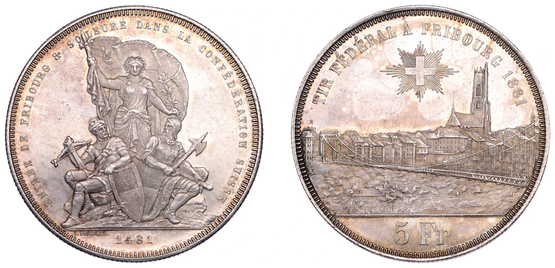 Switzerland, Confederation, 5 Francs or Thaler, 1881, Fribourg Shooting
