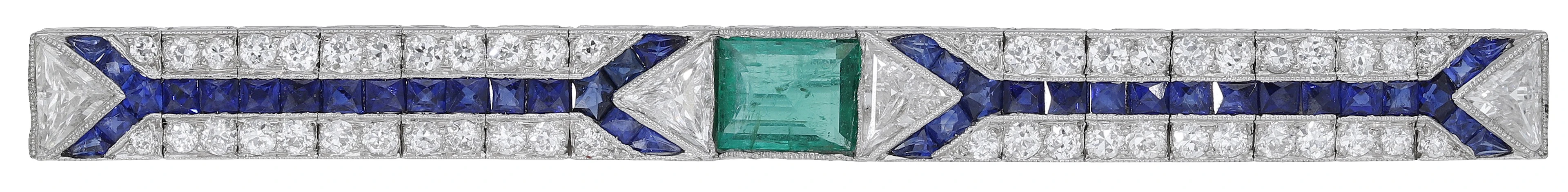 An Art Deco emerald, diamond and sapphire bar brooch, the geometric