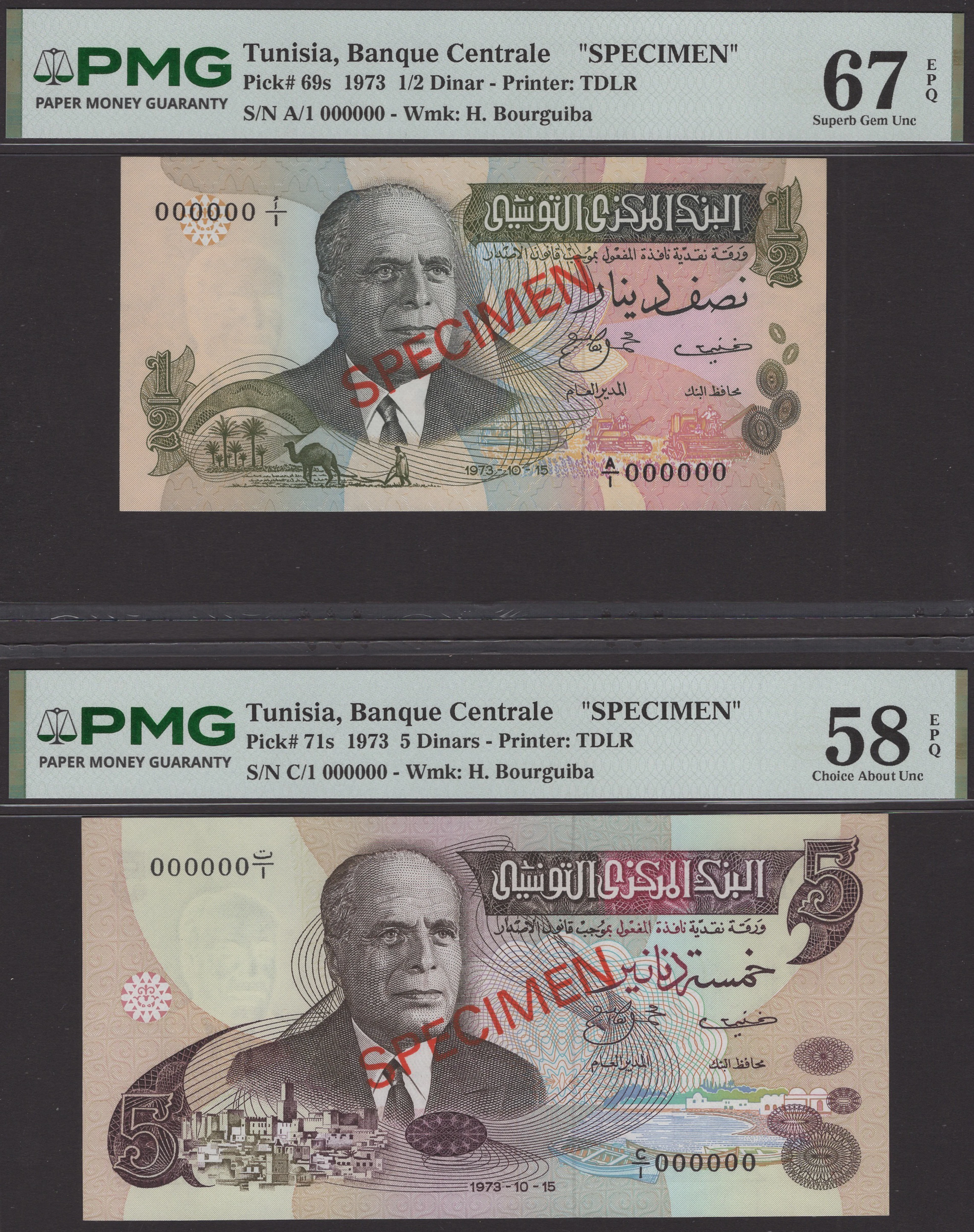 Banque Centrale de Tunisie, specimen 1/2, 5, and 10 Dinars, 15 October