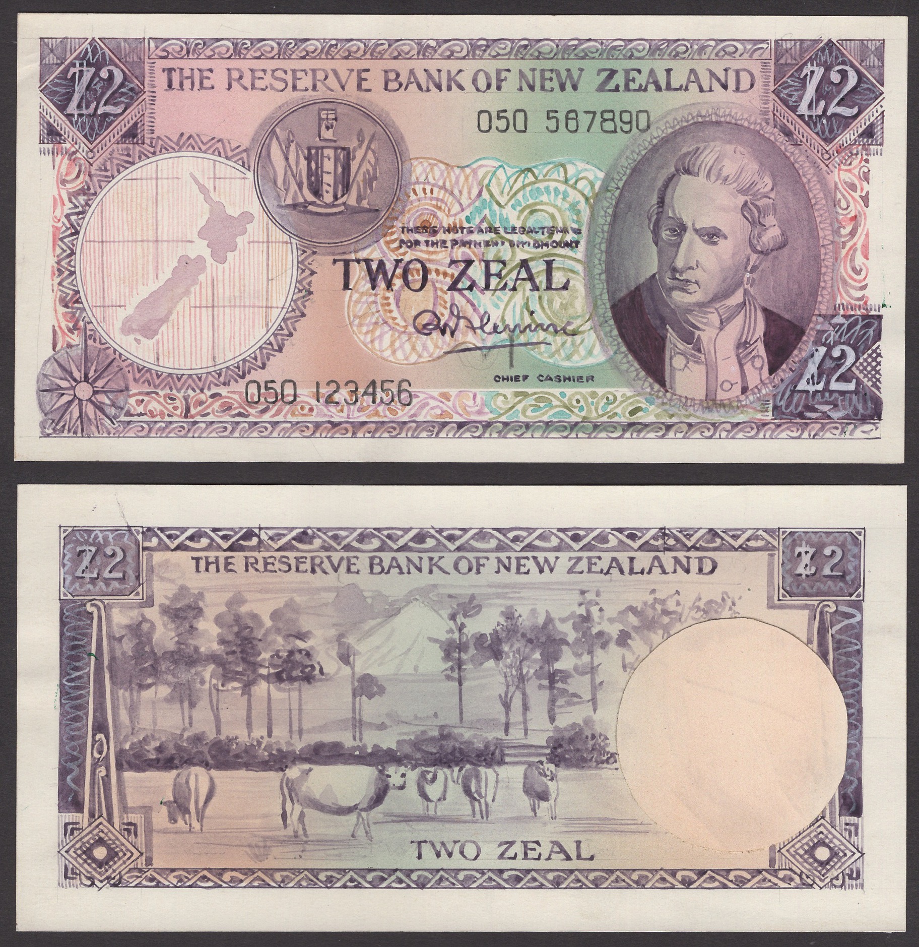 Reserve Bank of New Zealand, obverse and reverse hand-painted Bradbury