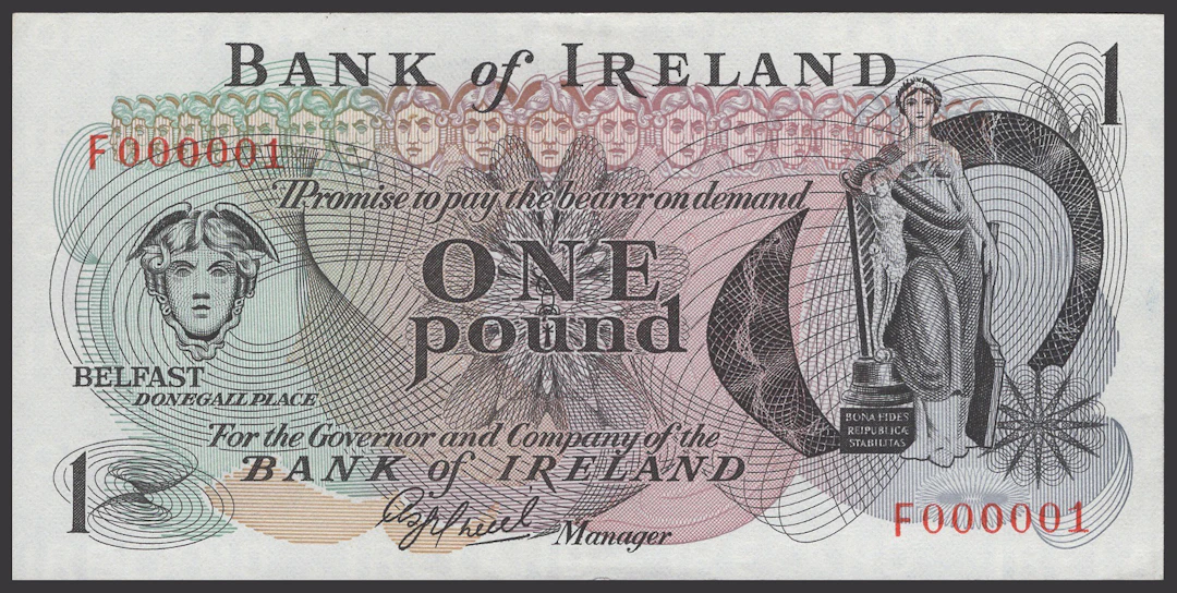Bank of Ireland, £1, 1977, serial number F000001, O’Neill signature