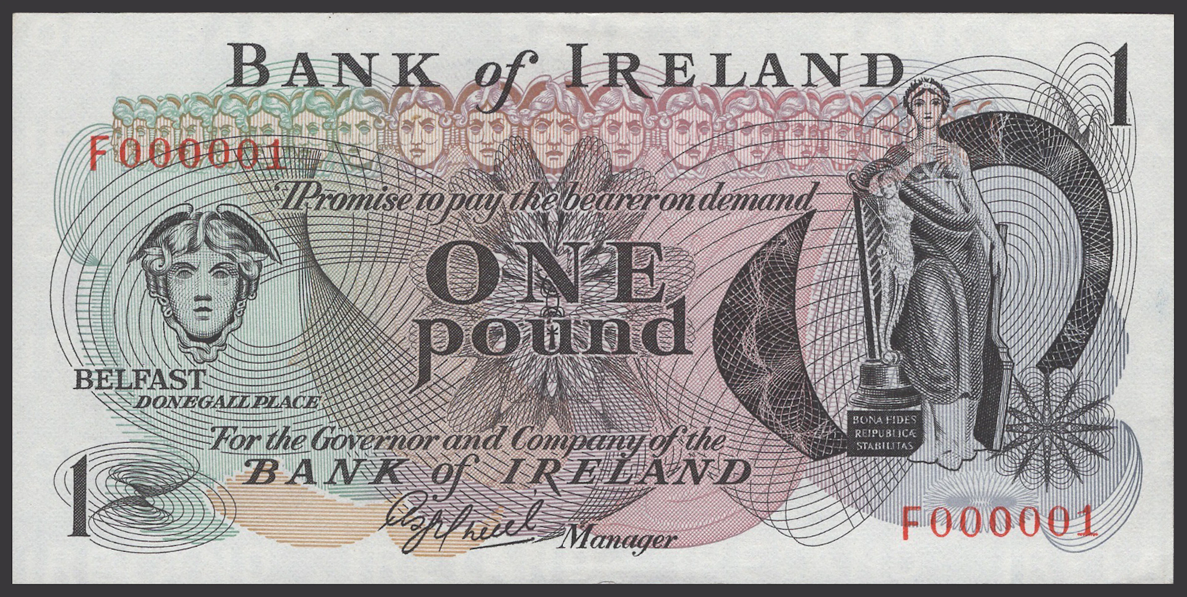 Bank of Ireland, £1, 1977, serial number F000001, O’Neill signature