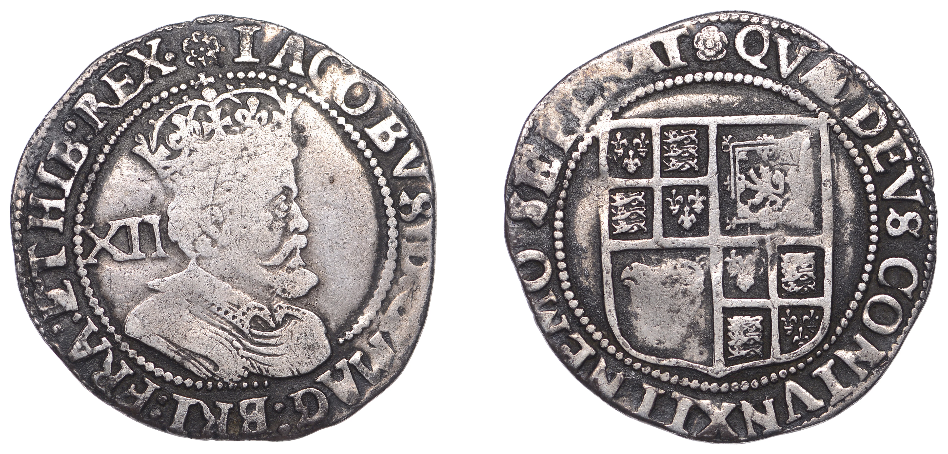 James I (1603-1625), Third coinage, Shilling, sixth bust, mm. rose