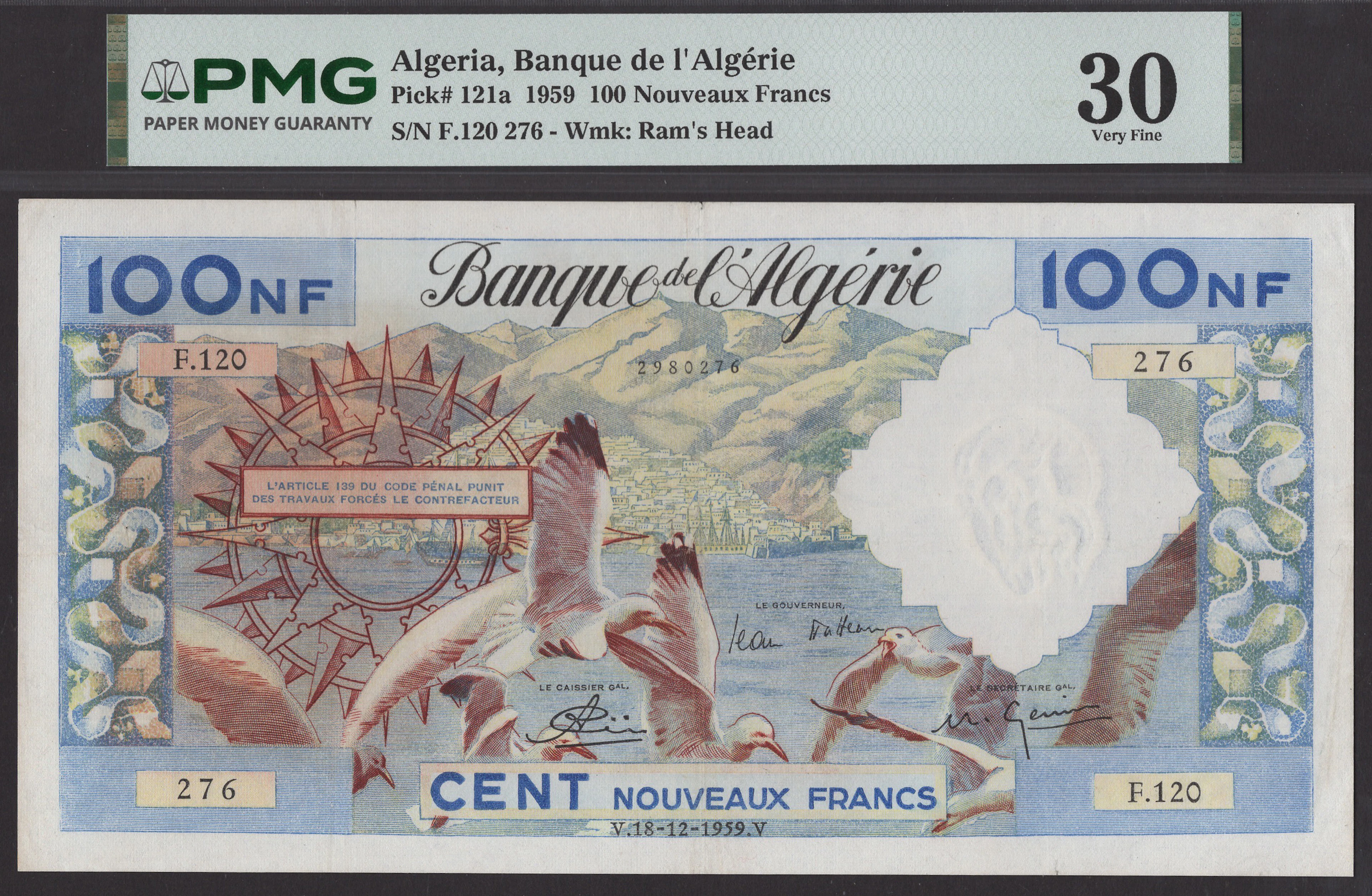 Banque de l’Algerie, 100 Nouveaux Francs, 18 December 1959, serial