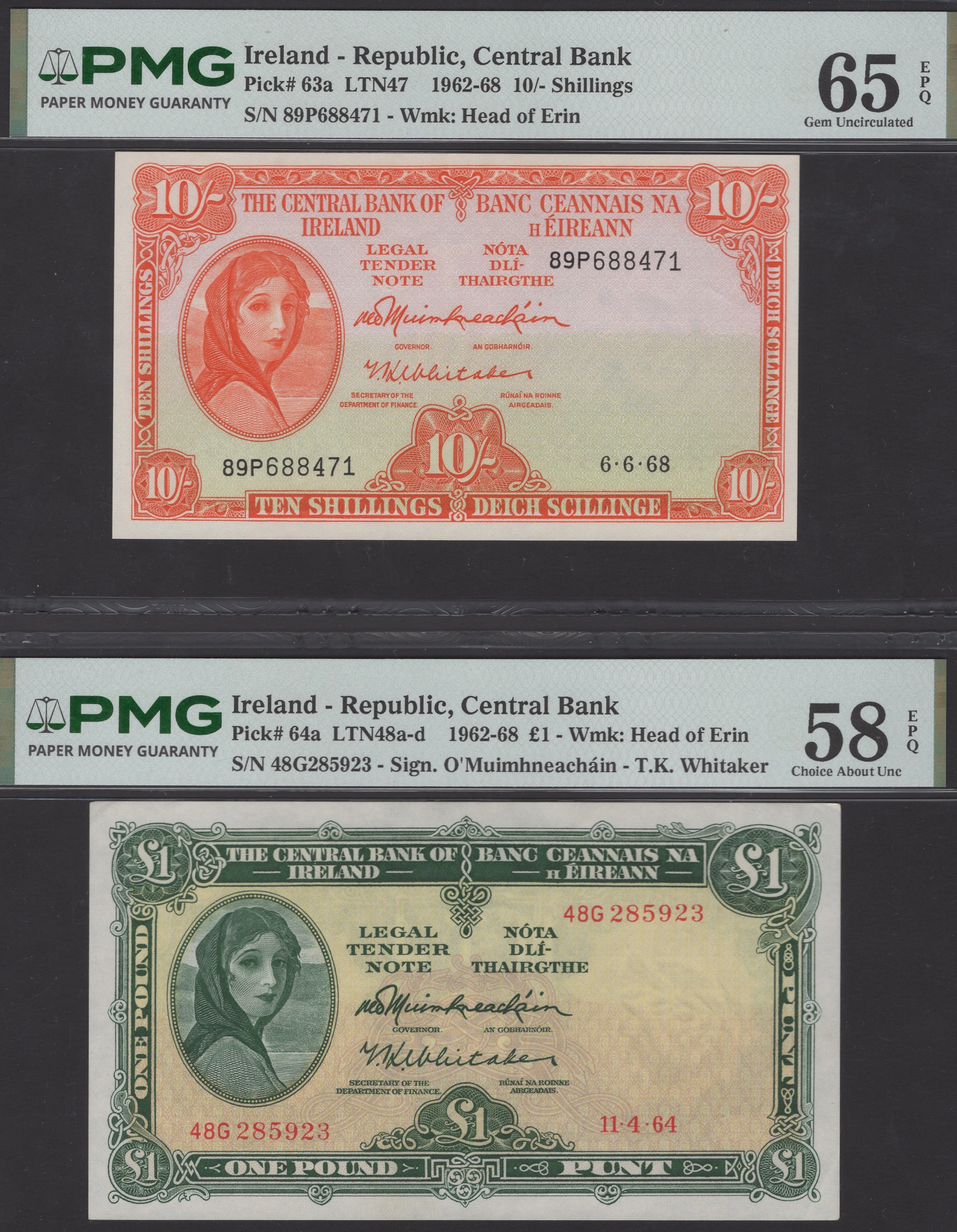 Central Bank of Ireland, 10 Shillings, 6 June 1968, serial number