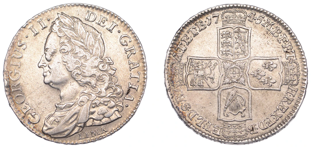 George II (1727-1760), Halfcrown, 1745 lima, edge decimo nono (ESC