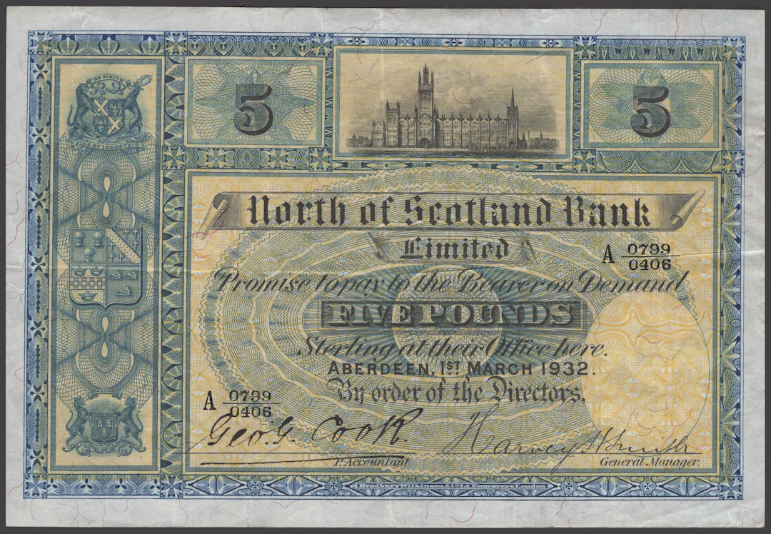 North of Scotland Bank Limited, £5, 1 March 1932, serial number A