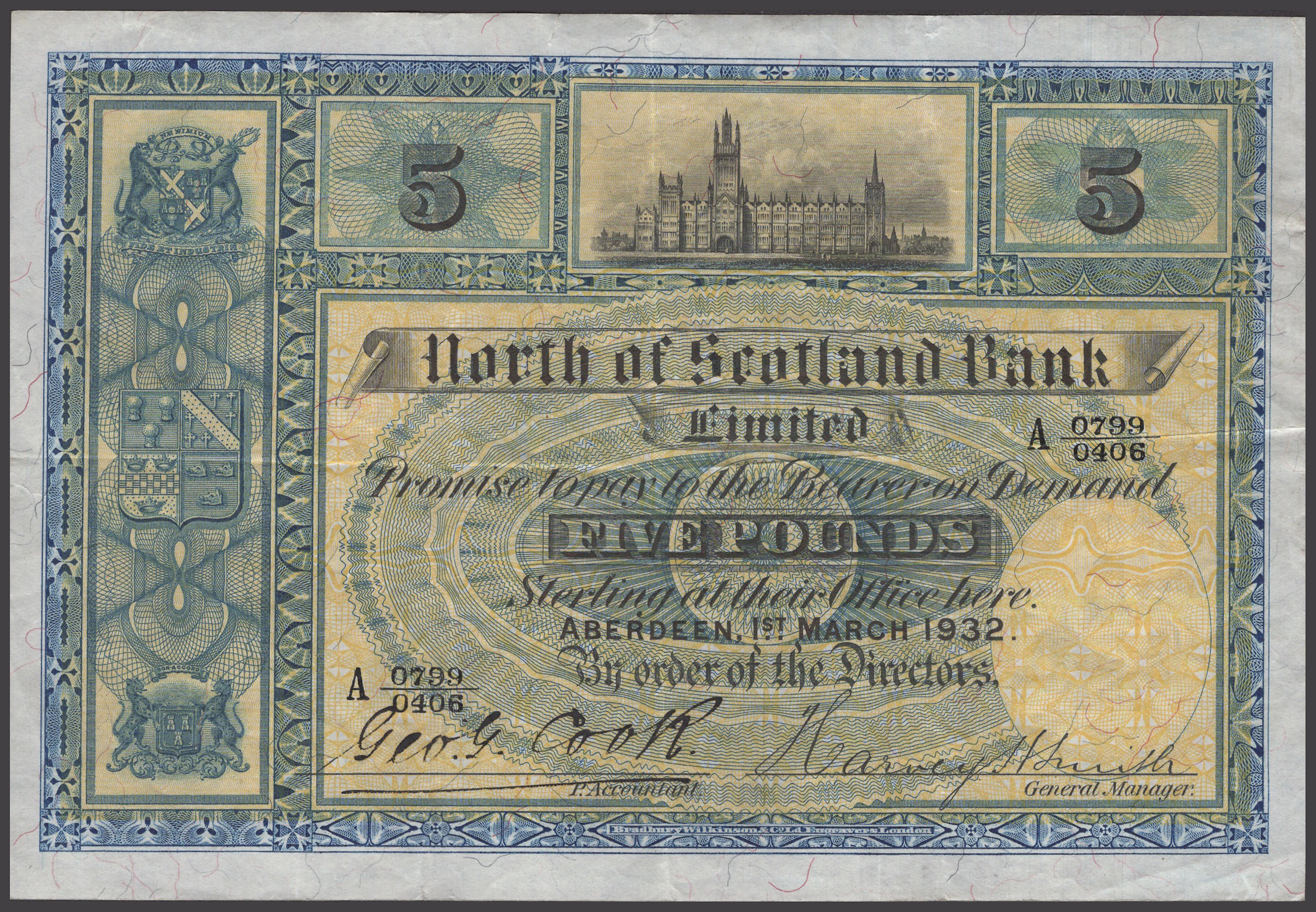 North of Scotland Bank Limited, £5, 1 March 1932, serial number A