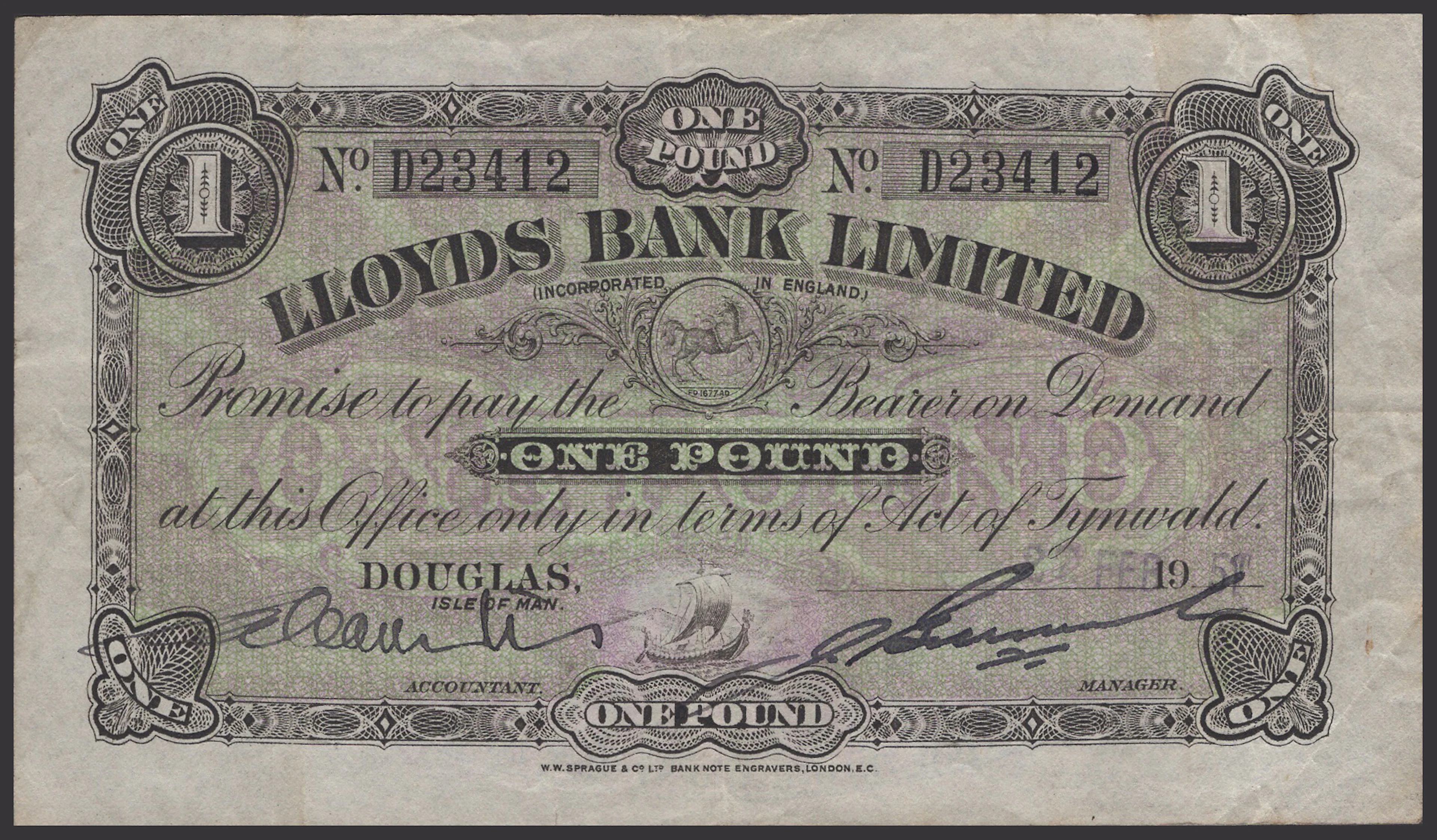 Lloyds Bank Limited, £1, 27 February 1951, serial number D23412, signatures