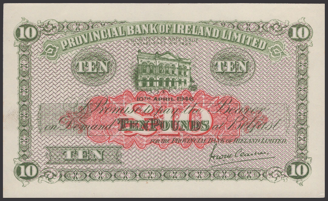 Provincial Bank of Ireland Ltd, obverse proof £10, 10 January 1946