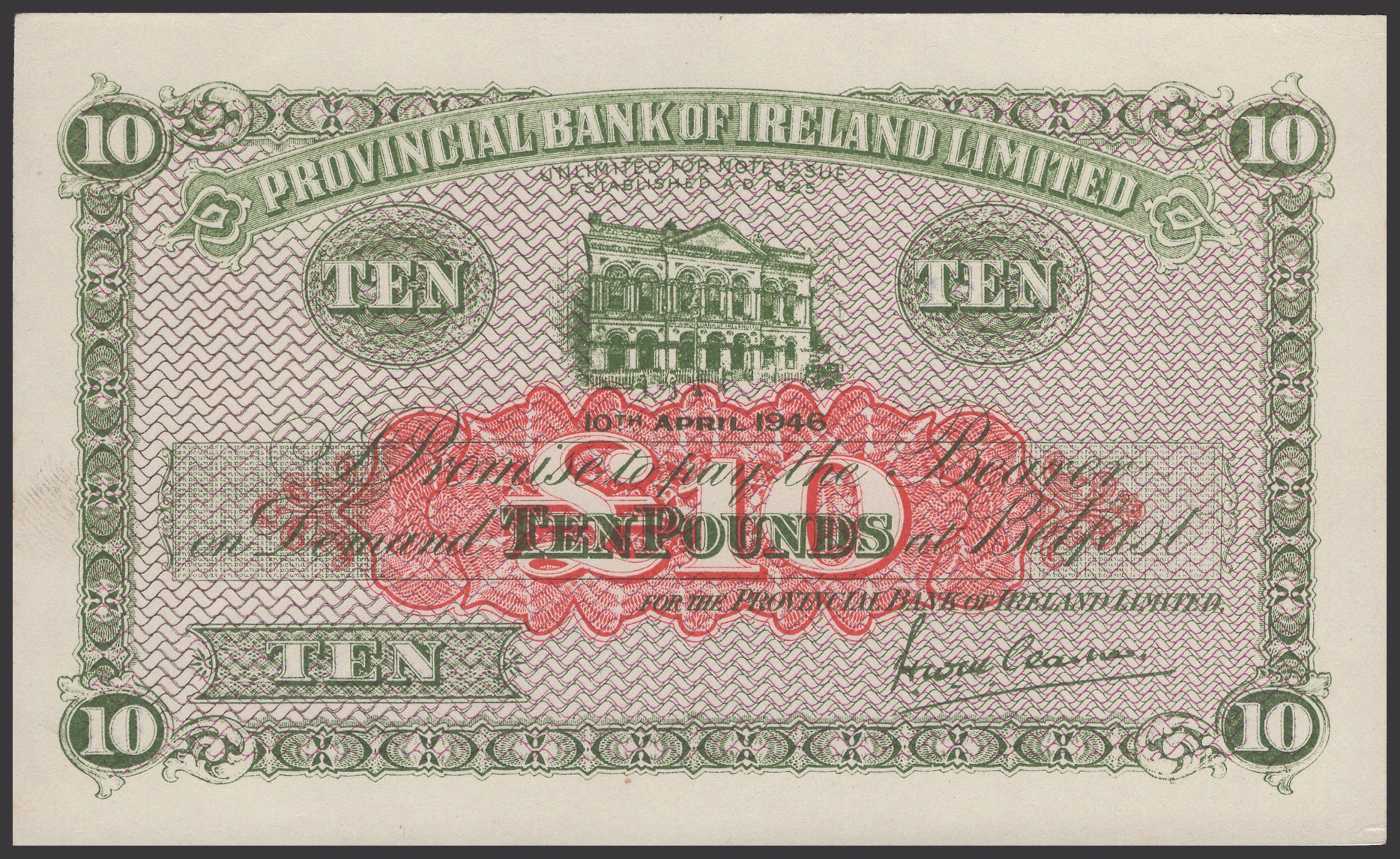 Provincial Bank of Ireland Ltd, obverse proof £10, 10 January 1946
