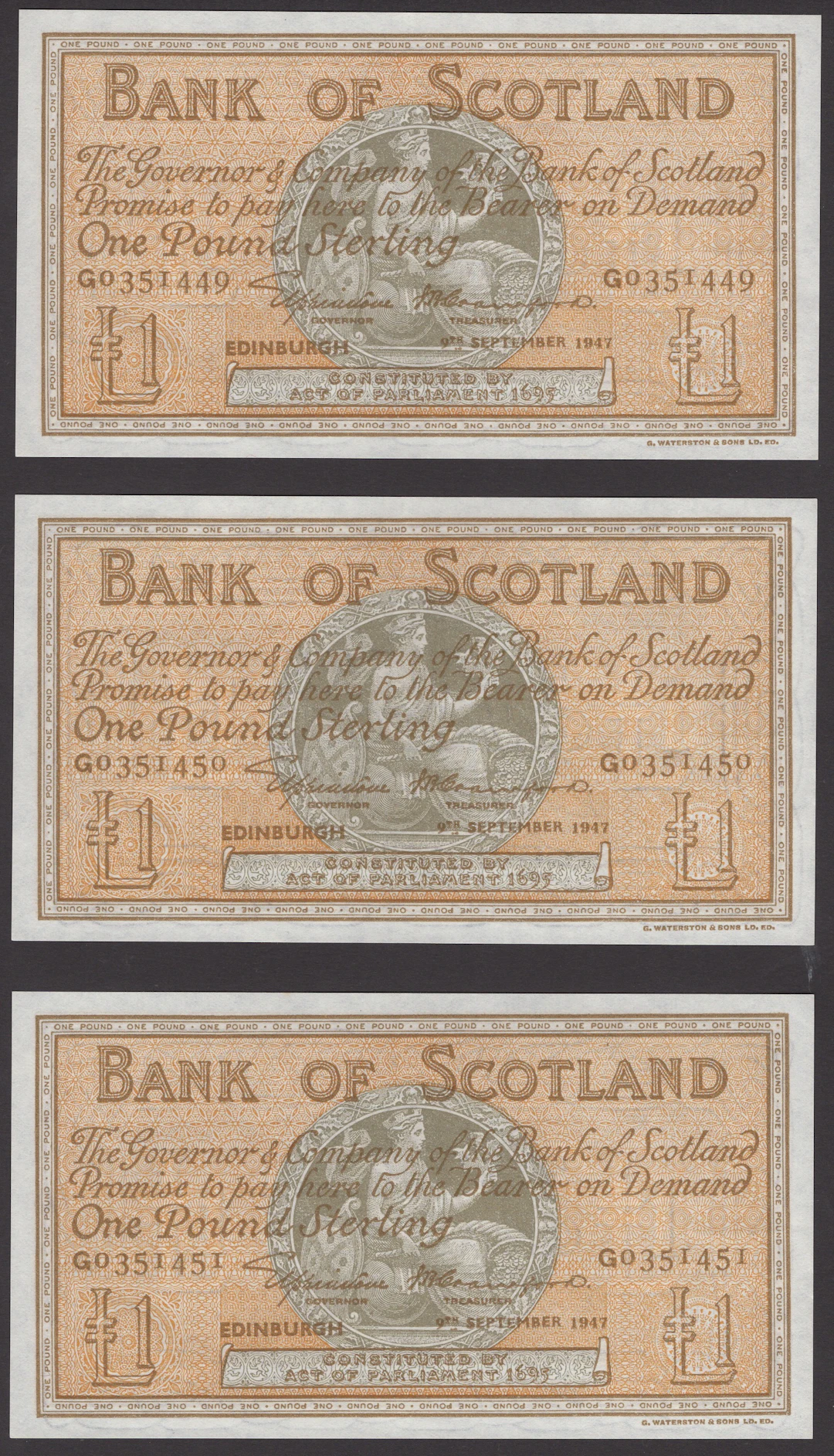 Bank of Scotland, £1 (3), 9 September 1947, consecutive serial numbers