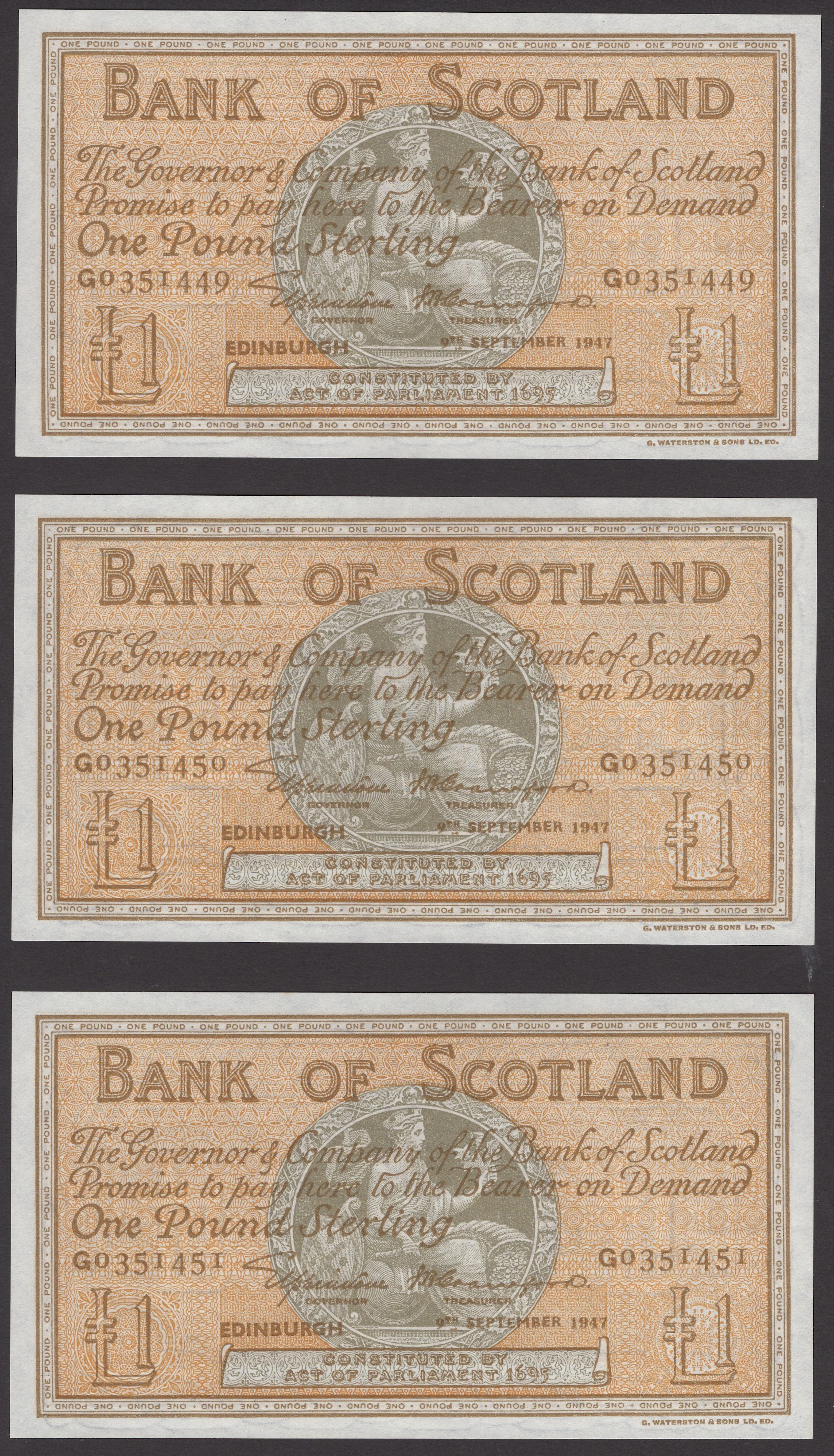 Bank of Scotland, £1 (3), 9 September 1947, consecutive serial numbers