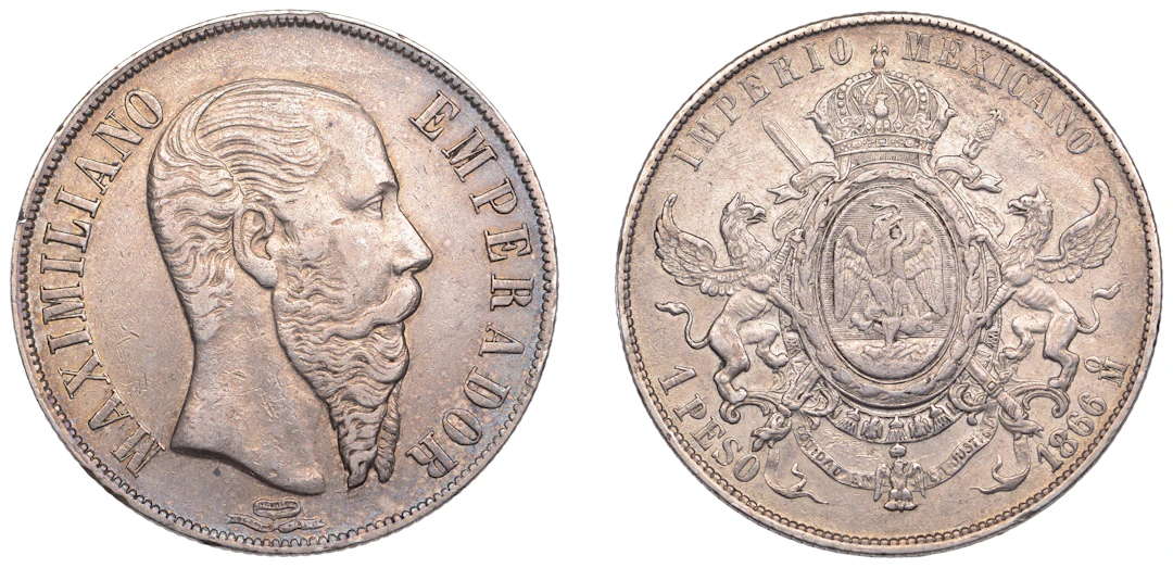 Mexico, Maximilian I, Peso, 1866mo, Mexico City (KM 388.1). Toned