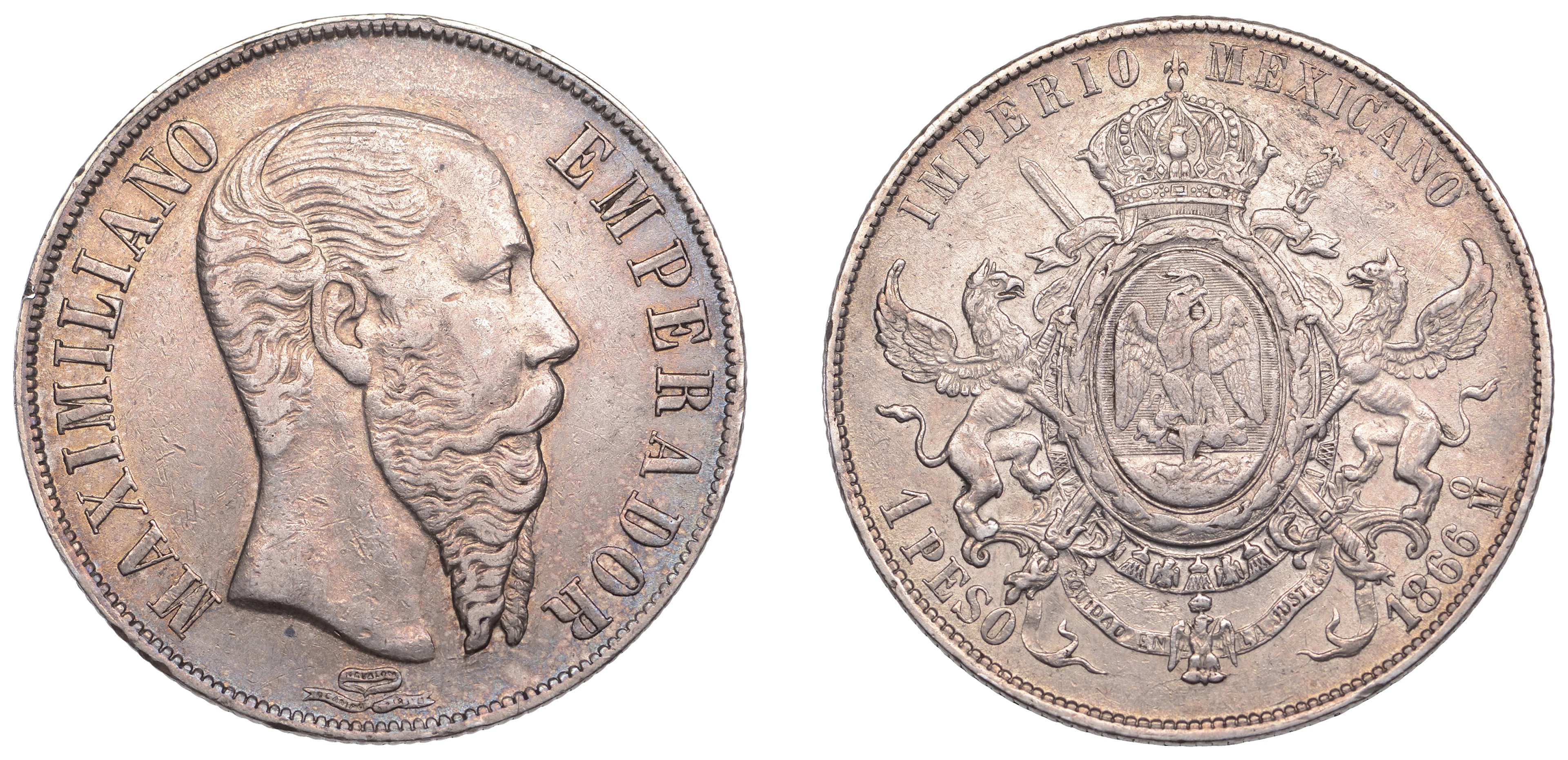 Mexico, Maximilian I, Peso, 1866mo, Mexico City (KM 388.1). Toned