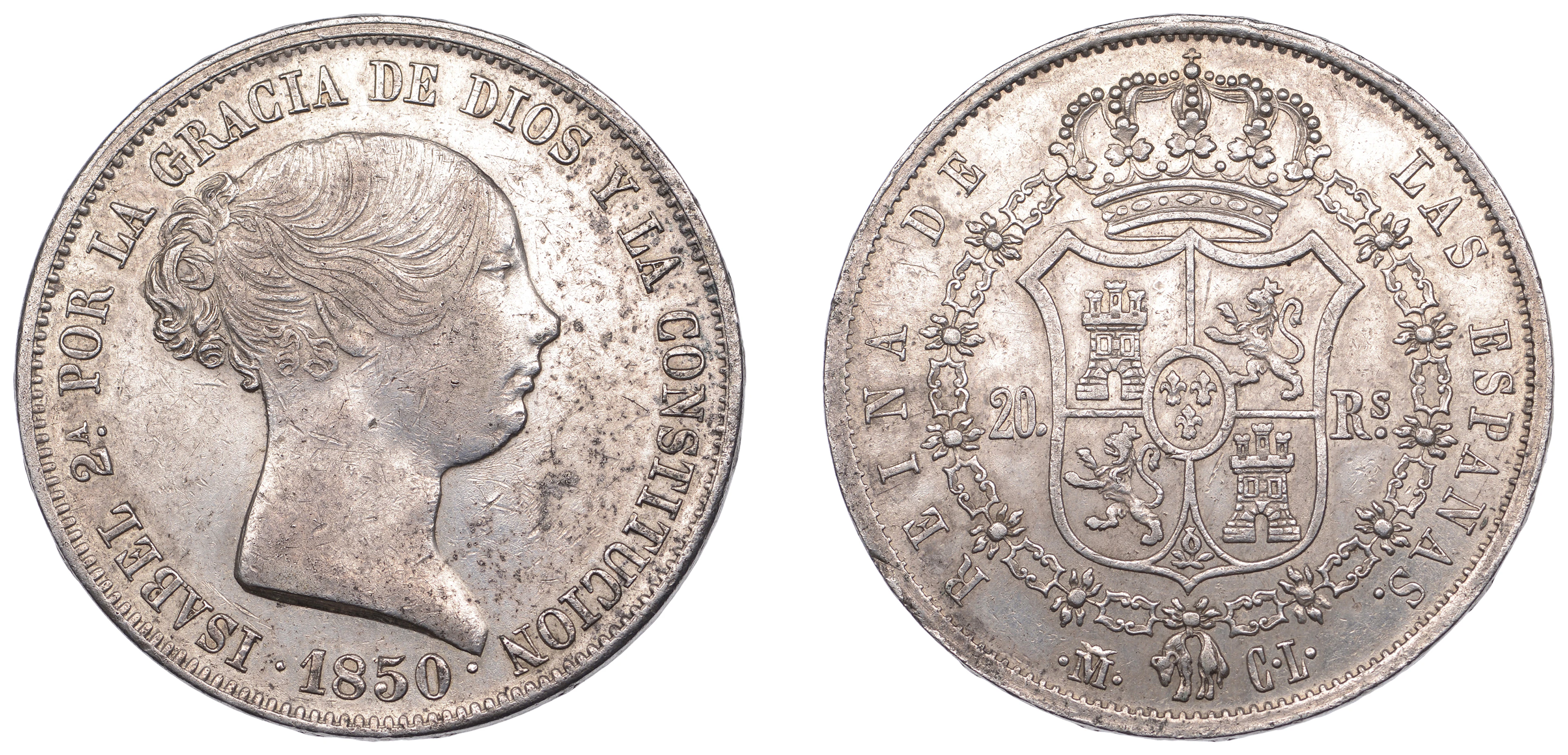 Spain, Isabella II, 20 Reales, 1850, Madrid (Cal. 170; KM 592.1).