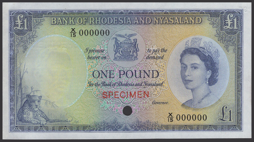 Bank of Rhodesia and Nyasaland, colour trial £1, ND (1956-62), serial