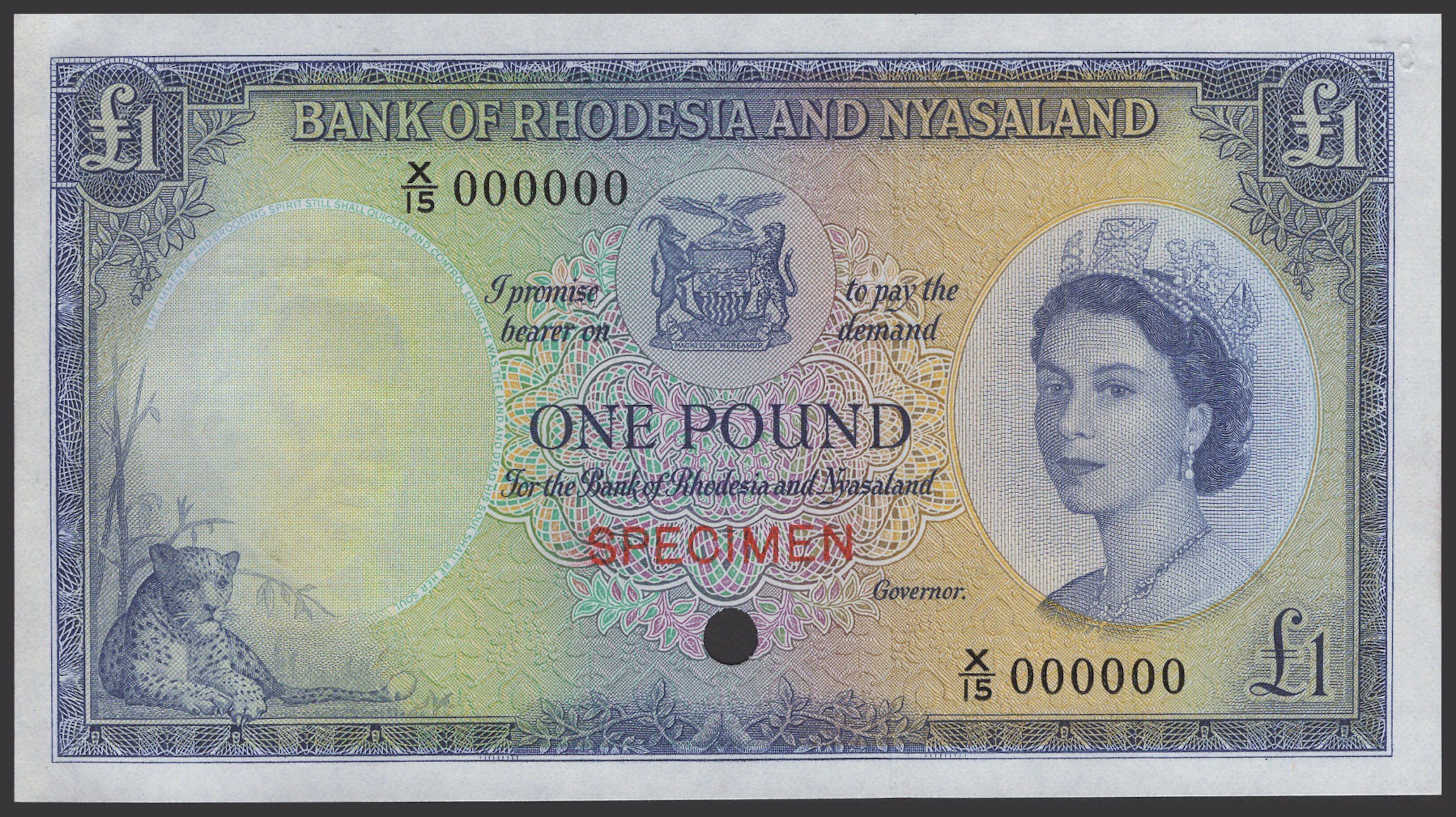 Bank of Rhodesia and Nyasaland, colour trial £1, ND (1956-62), serial