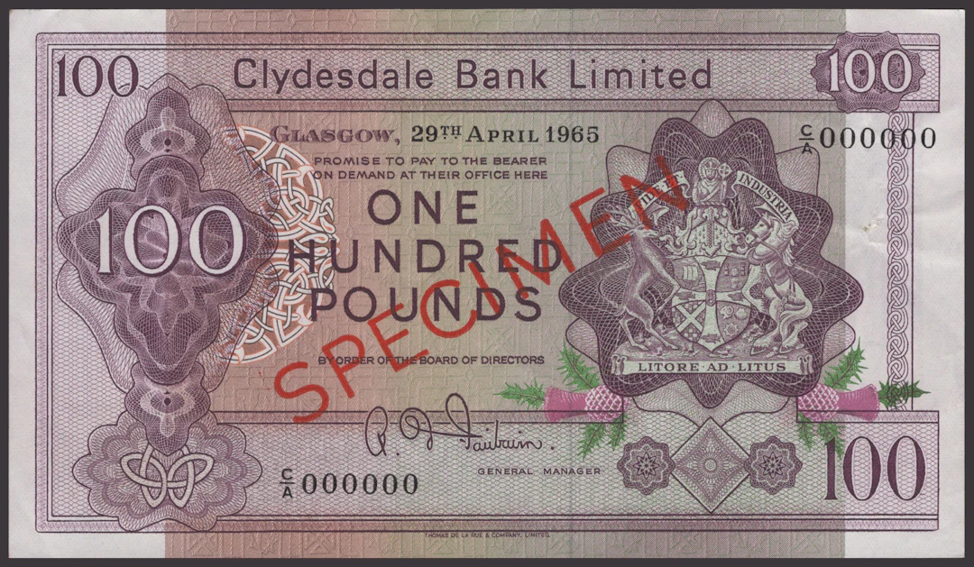 Clydesdale Bank Limited, specimen £100, 29 April 1965, serial number