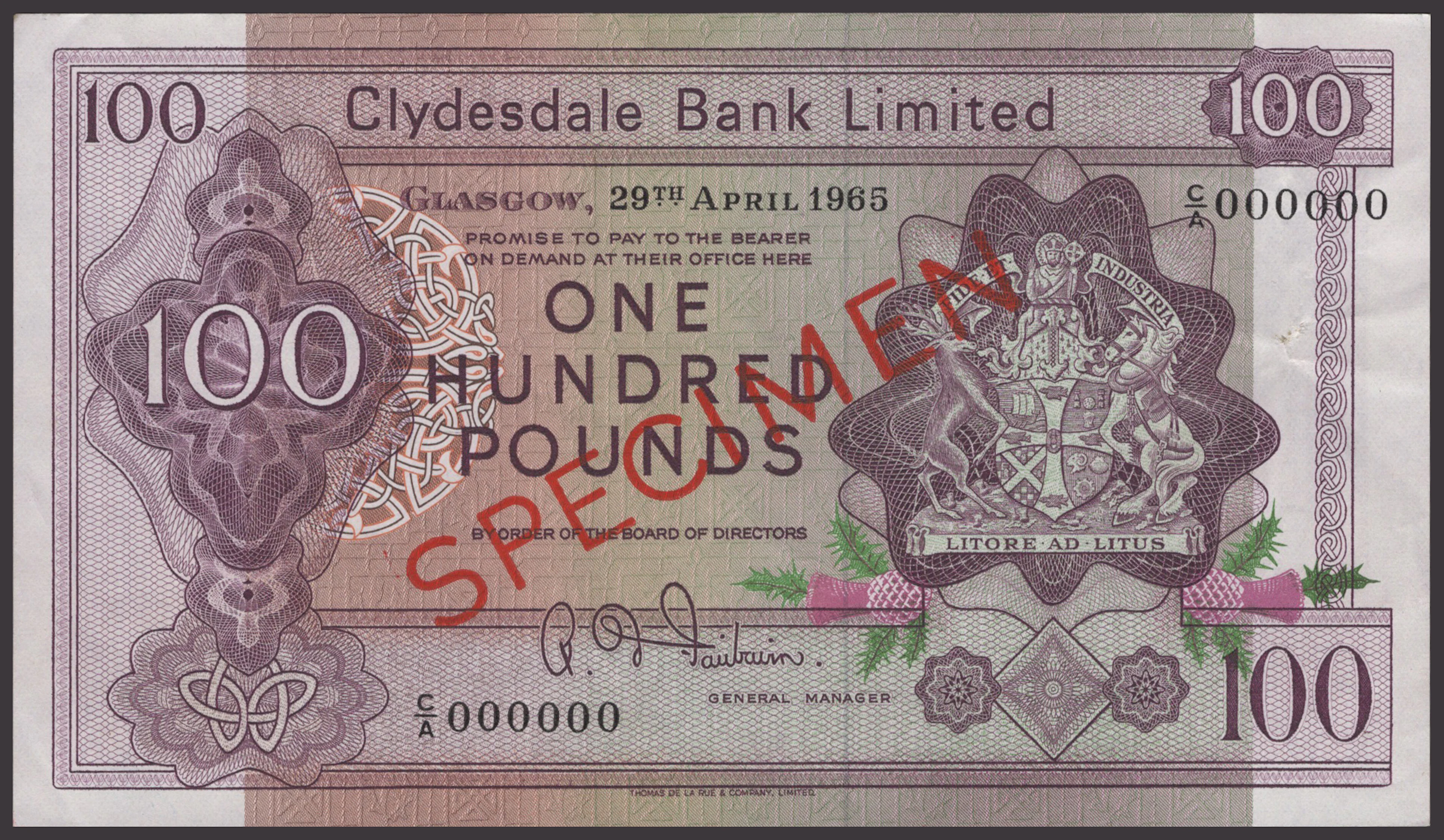 Clydesdale Bank Limited, specimen £100, 29 April 1965, serial number