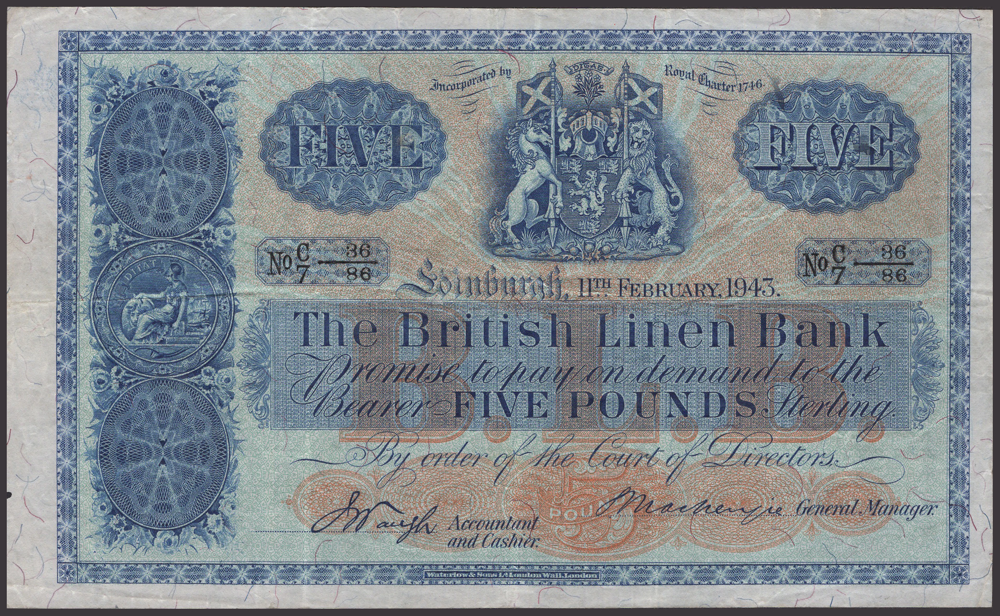 British Linen Bank, £5, 11 February 1943, serial number C/7 36/86