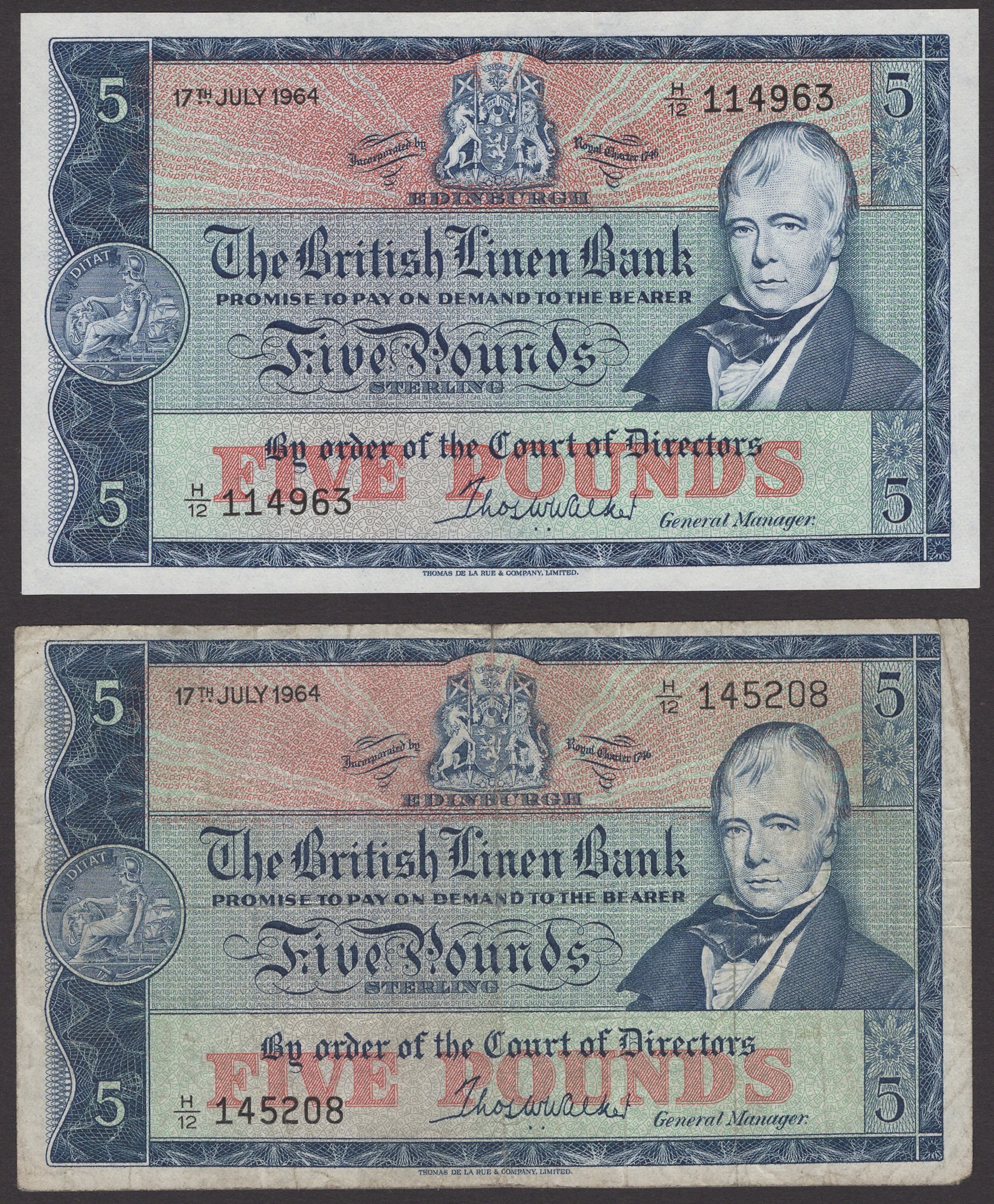 British Linen Bank, £5 (2), 17 July 1964, serial numbers H/12 114963
