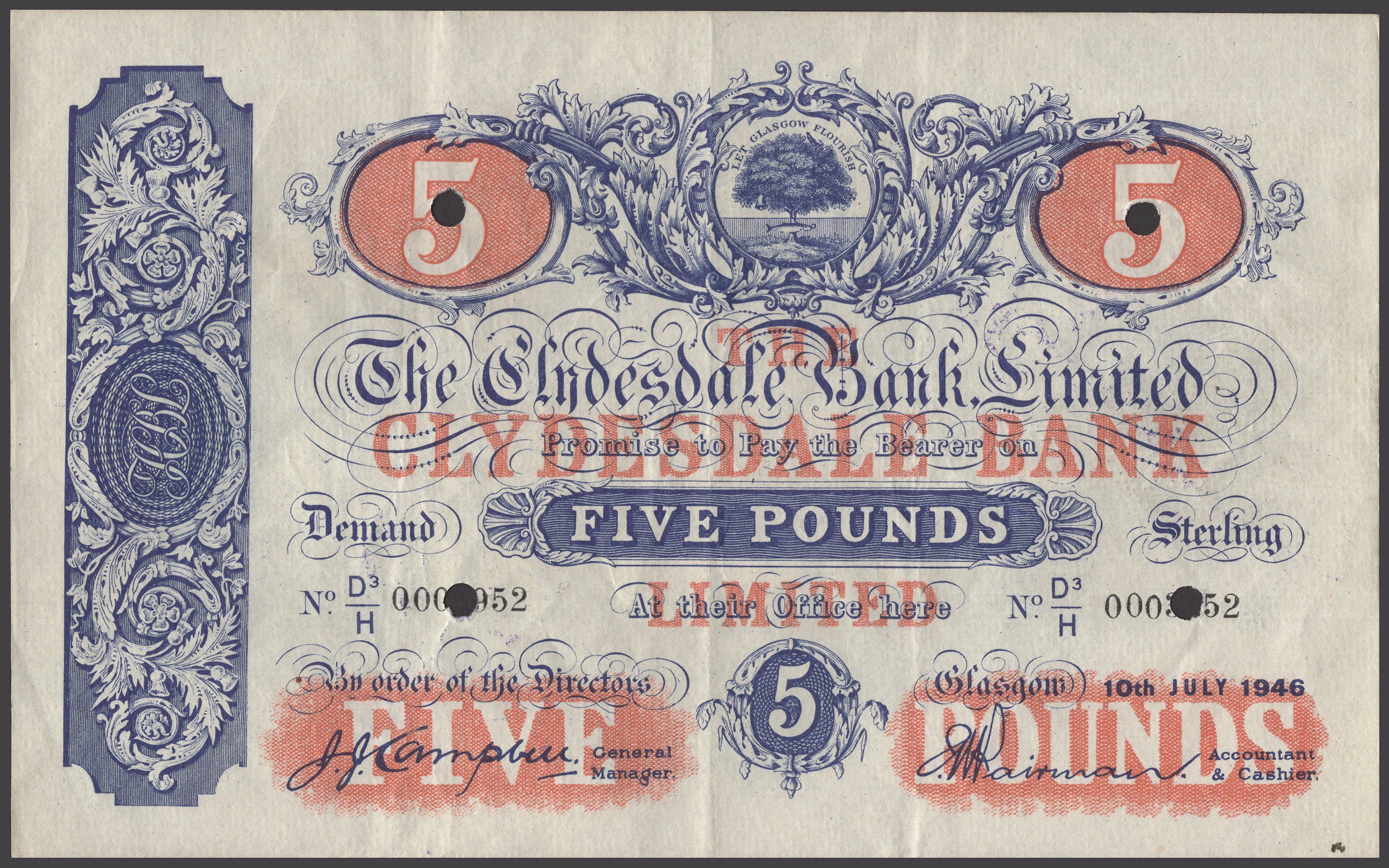 Clydesdale Bank Limited, specimen £5, 10 July 1946, serial number