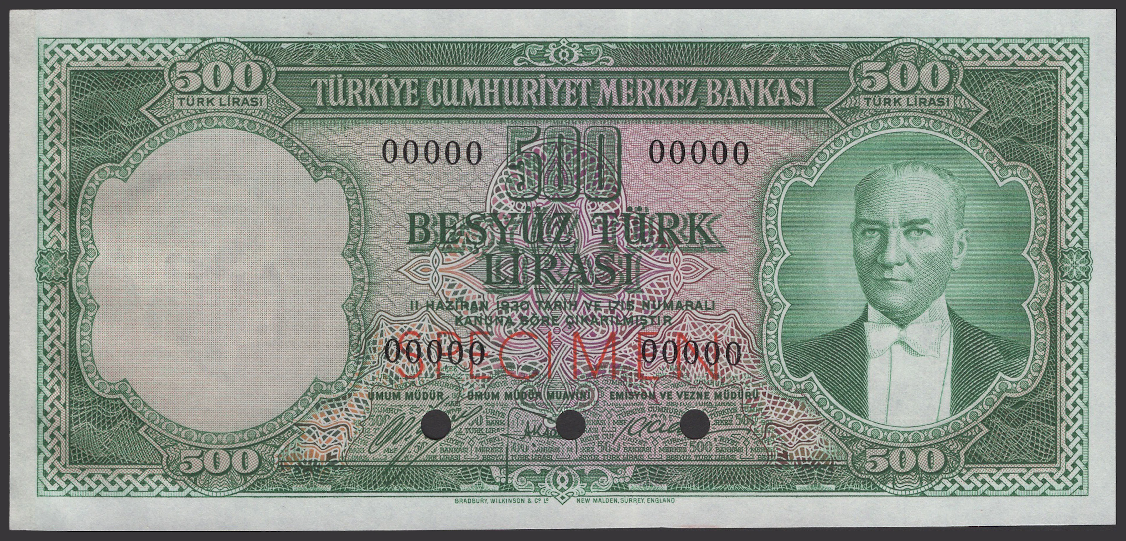 Central Bank of Turkey, 500 Turk Lirasi, 1930 (1953), serial number