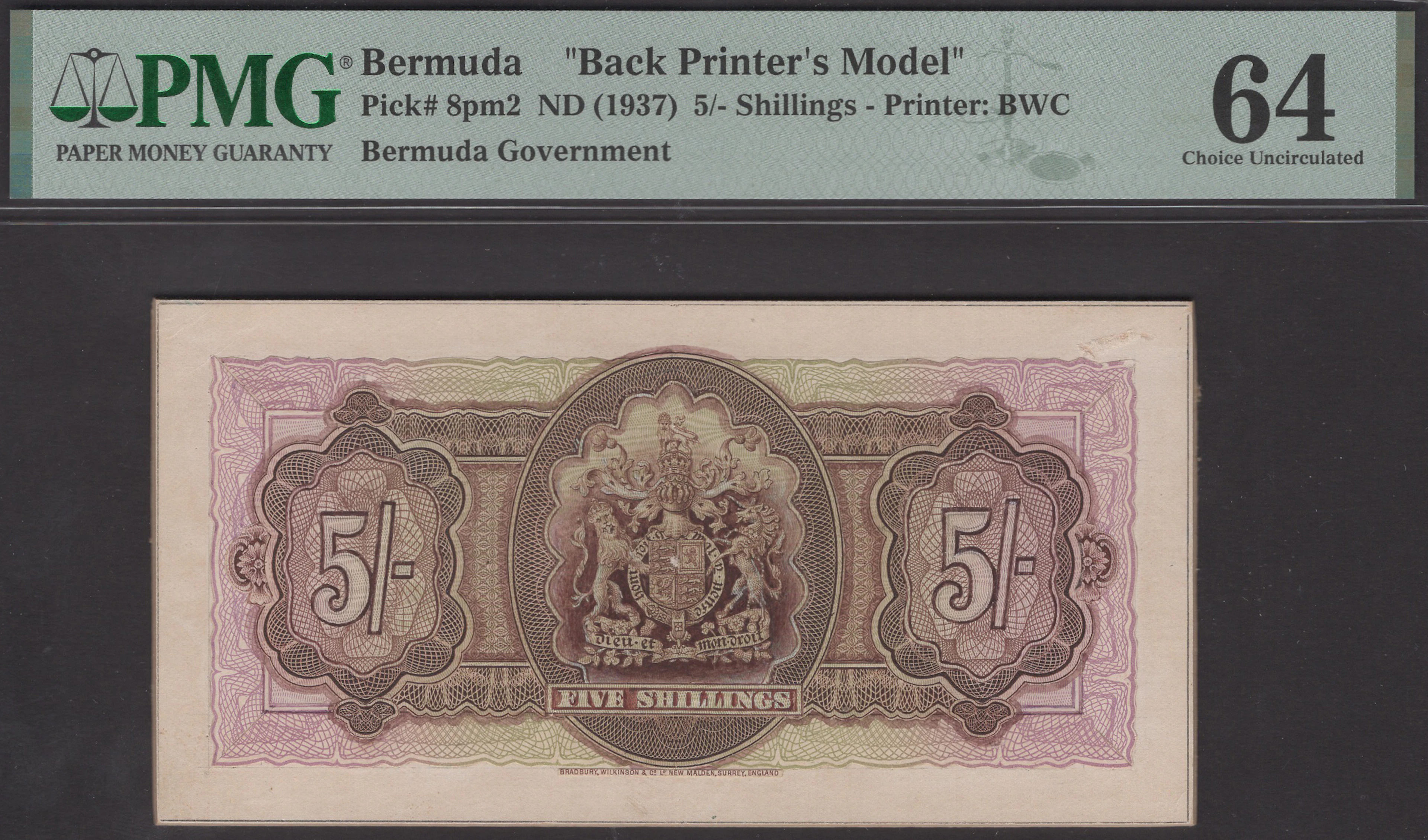 Bermuda Government, a reverse printers model on board for the 5 Shillings