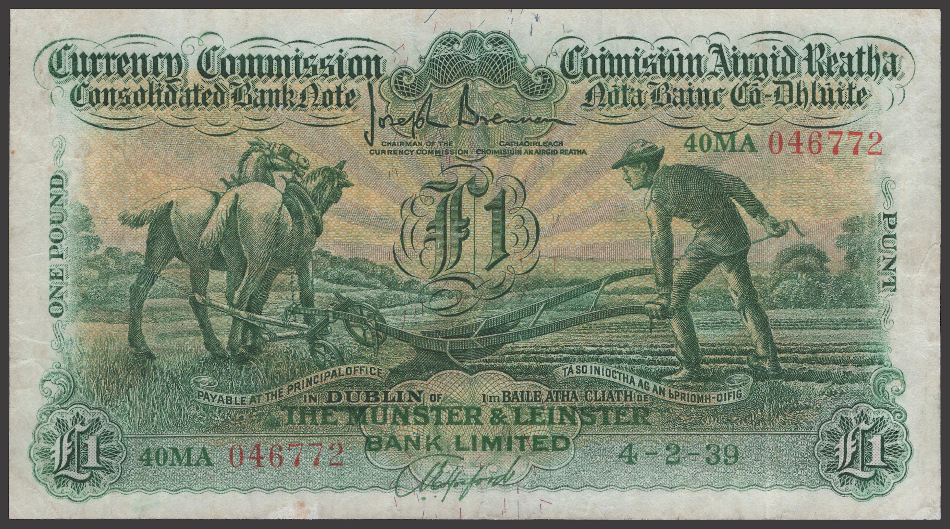 Currency Commission, Munster & Leinster Bank Ltd, £1, 4 February 1939
