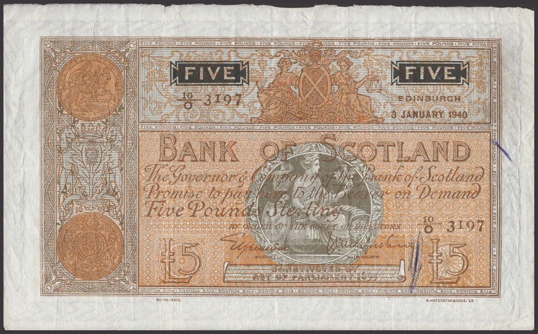 Bank of Scotland, £5, 3 January 1940, serial number 10/O 3197, Elphinstone