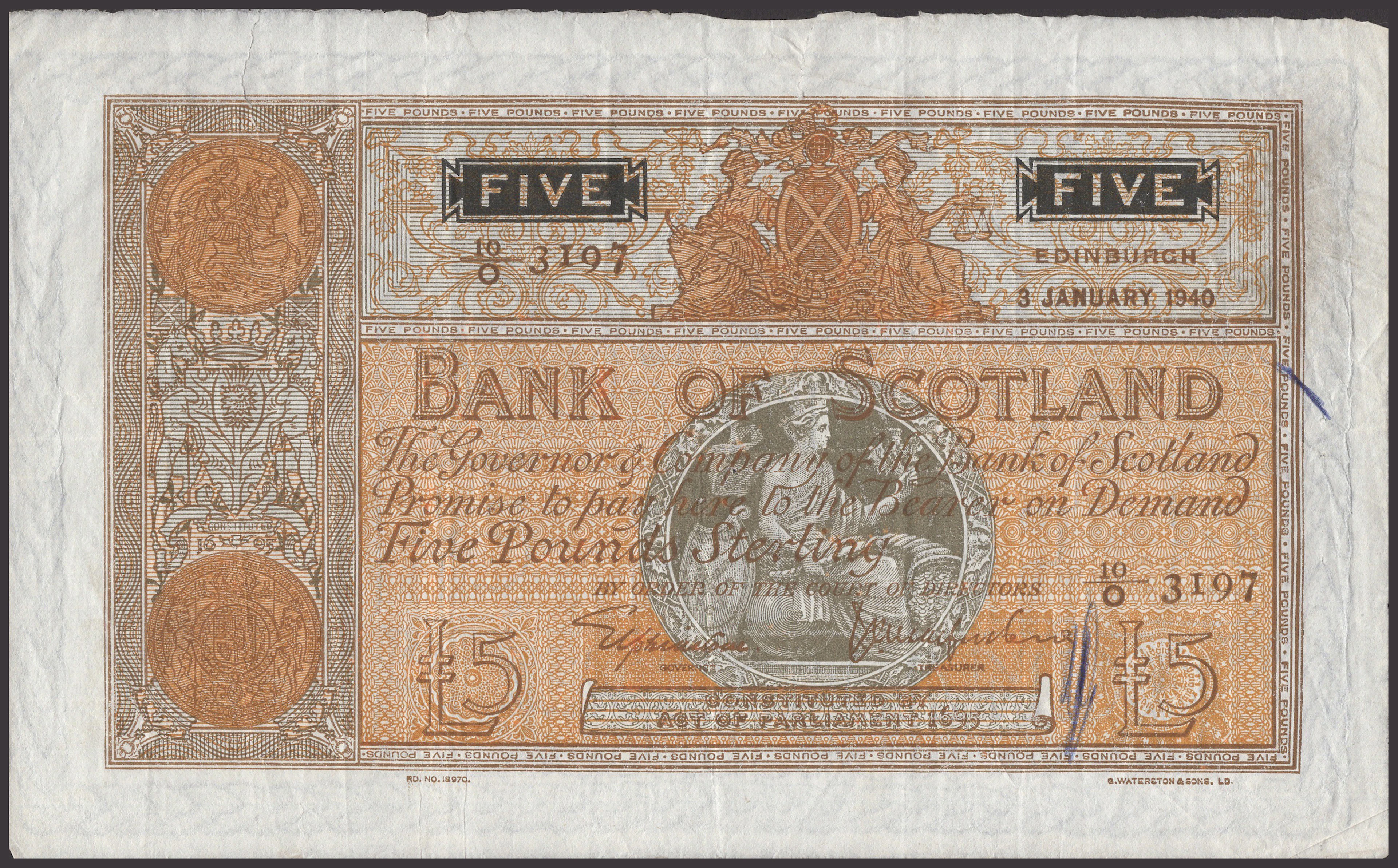 Bank of Scotland, £5, 3 January 1940, serial number 10/O 3197, Elphinstone