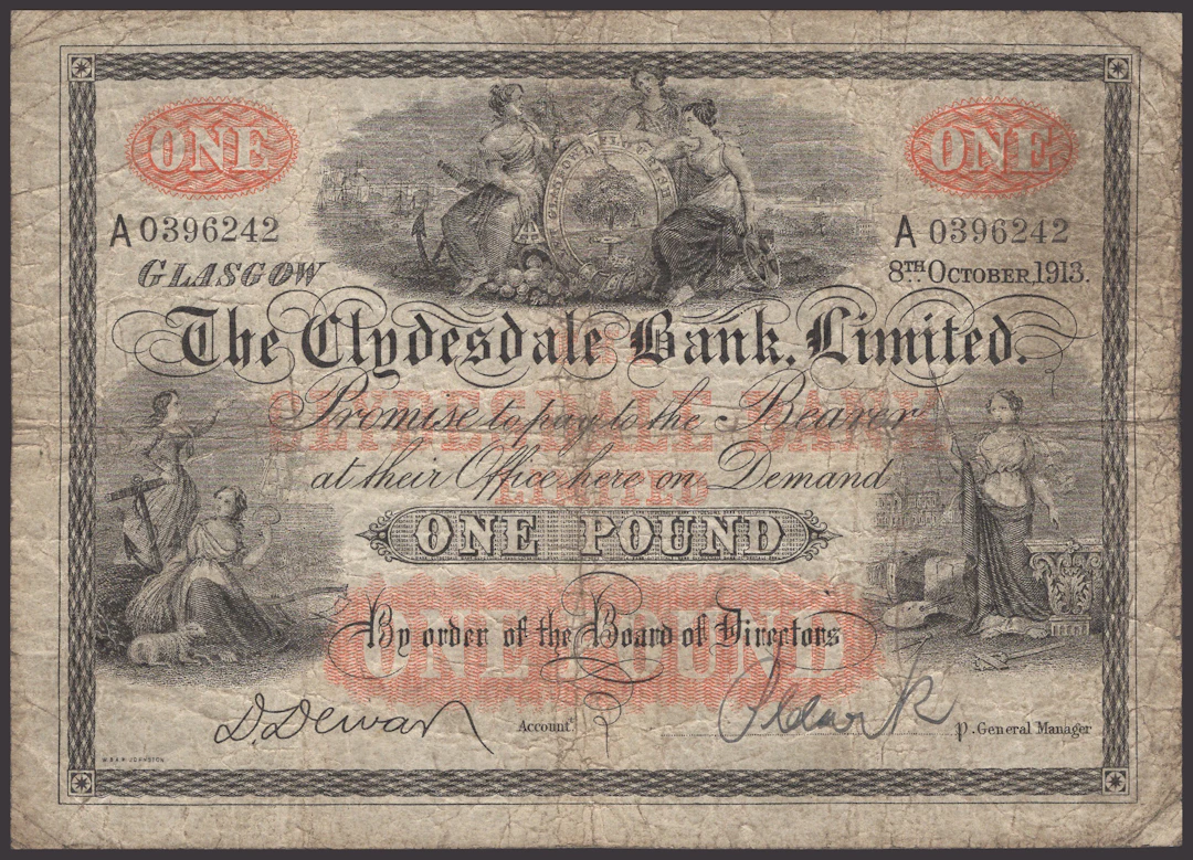 Clydesdale Bank Limited, £1, 8 October 1913, serial number A0396242