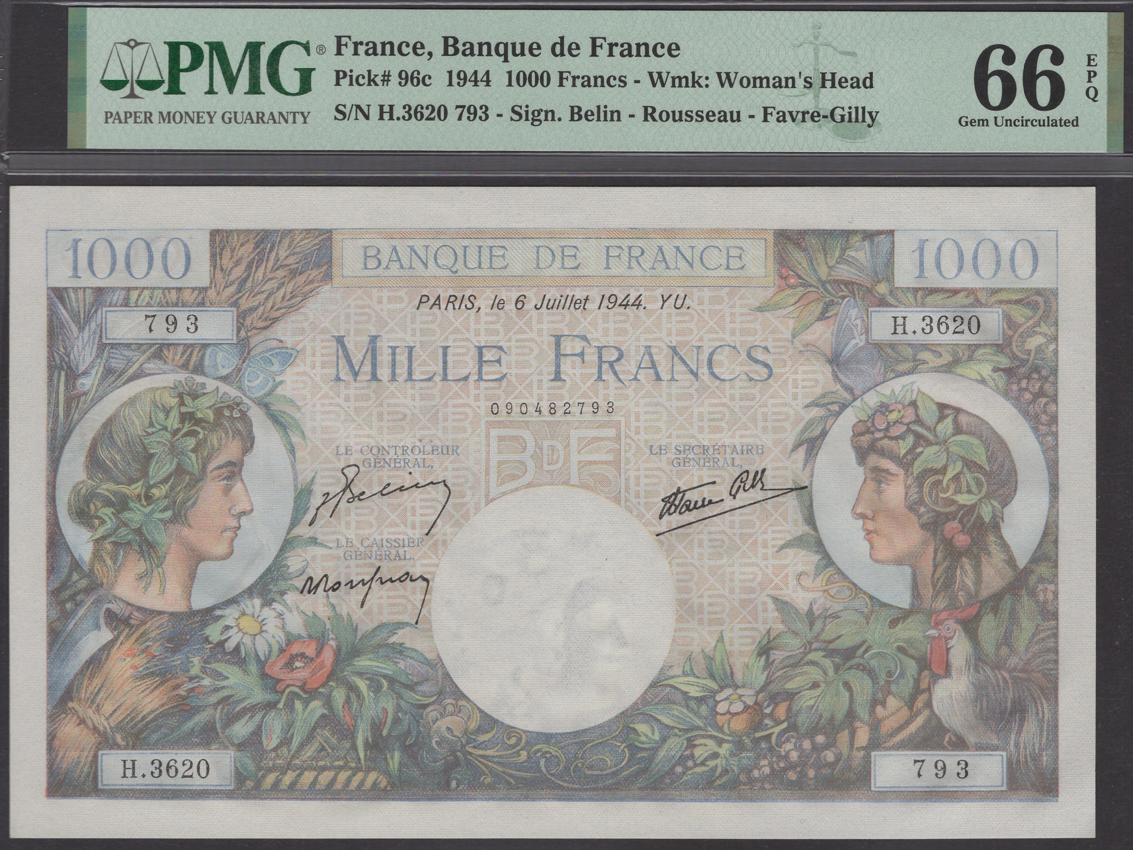 Banque de France, 1000 Francs, 6 July 1944, serial number H.3620 793