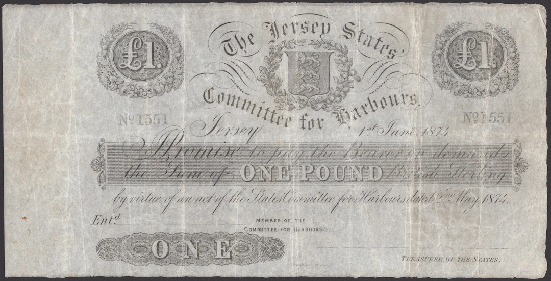 The Jersey States, Committee for Harbours, unissued £1, 1 June 1874