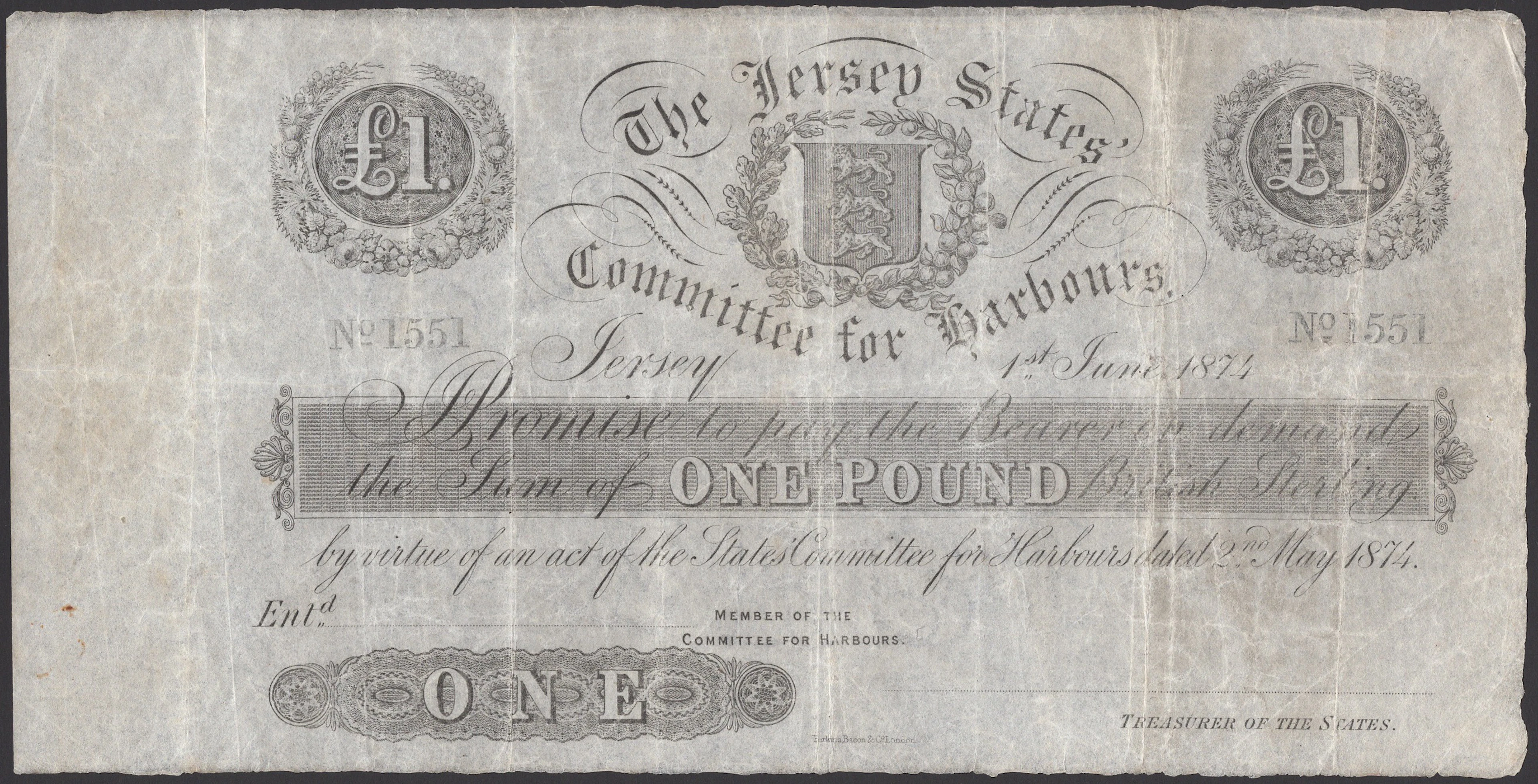 The Jersey States, Committee for Harbours, unissued £1, 1 June 1874