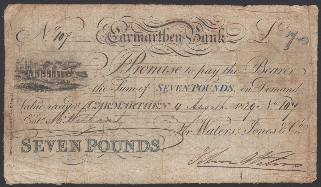 Carmarthen Bank, for Waters, Jones & Co, £7, 4 August 1929, serial
