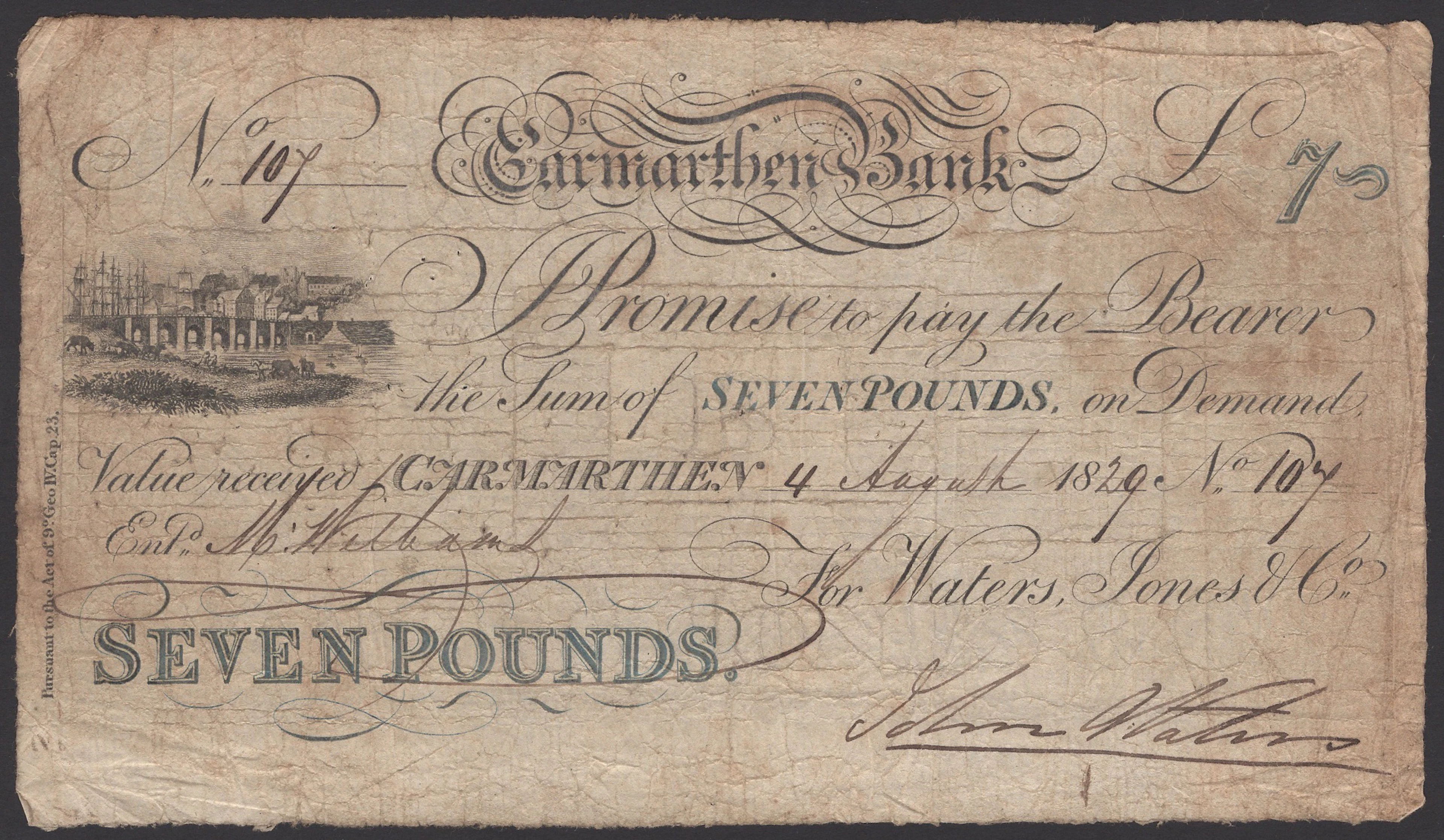 Carmarthen Bank, for Waters, Jones & Co, £7, 4 August 1929, serial